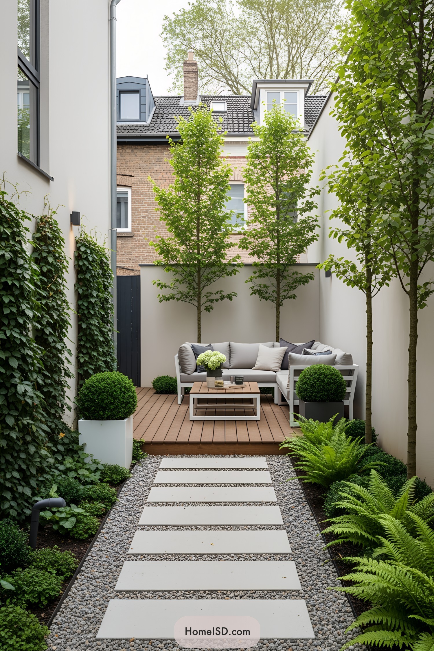 Cozy patio with modern furniture and lush greenery