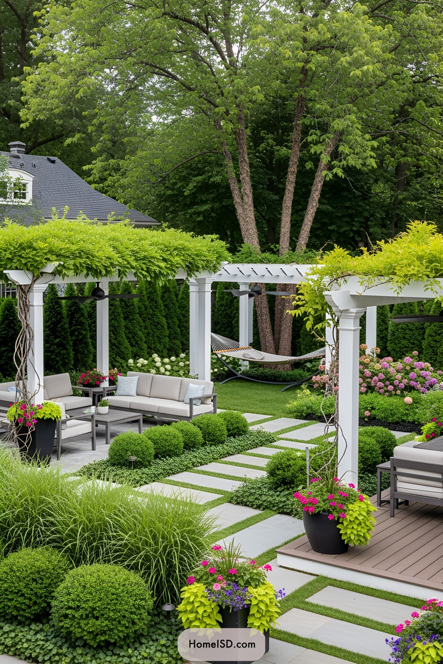 Lush backyard with pergolas and vibrant greenery