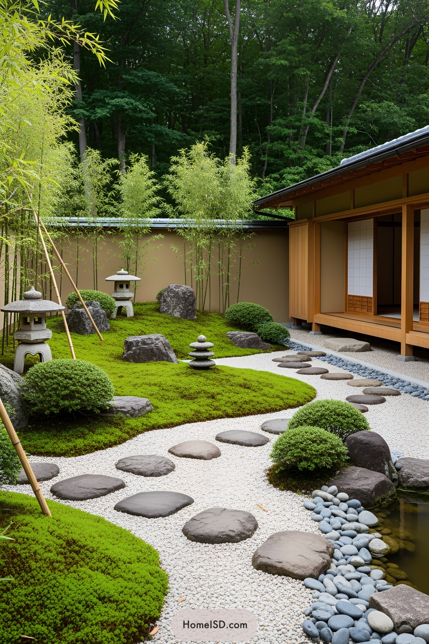 Mini Japanese garden with bamboo, stones, and greenery
