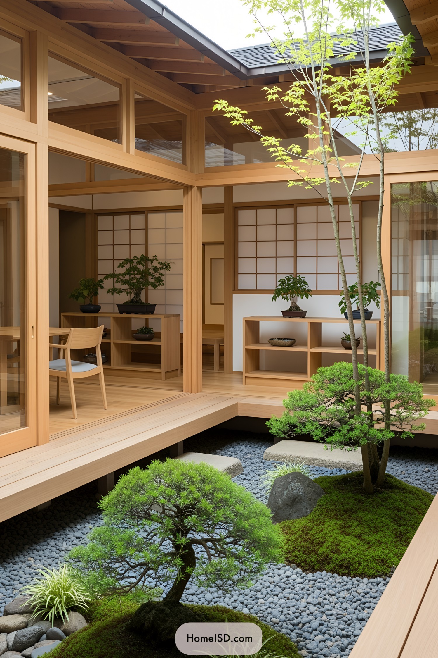 Miniature Japanese garden with bonsai trees and rocks