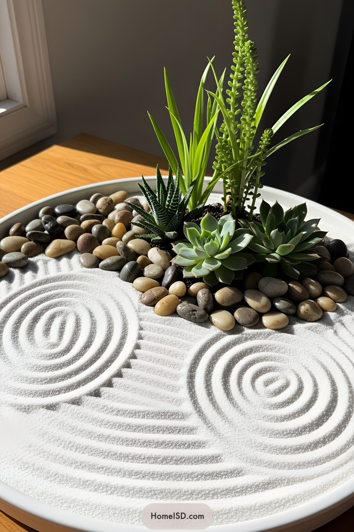 Miniature zen garden with raked sand and succulents