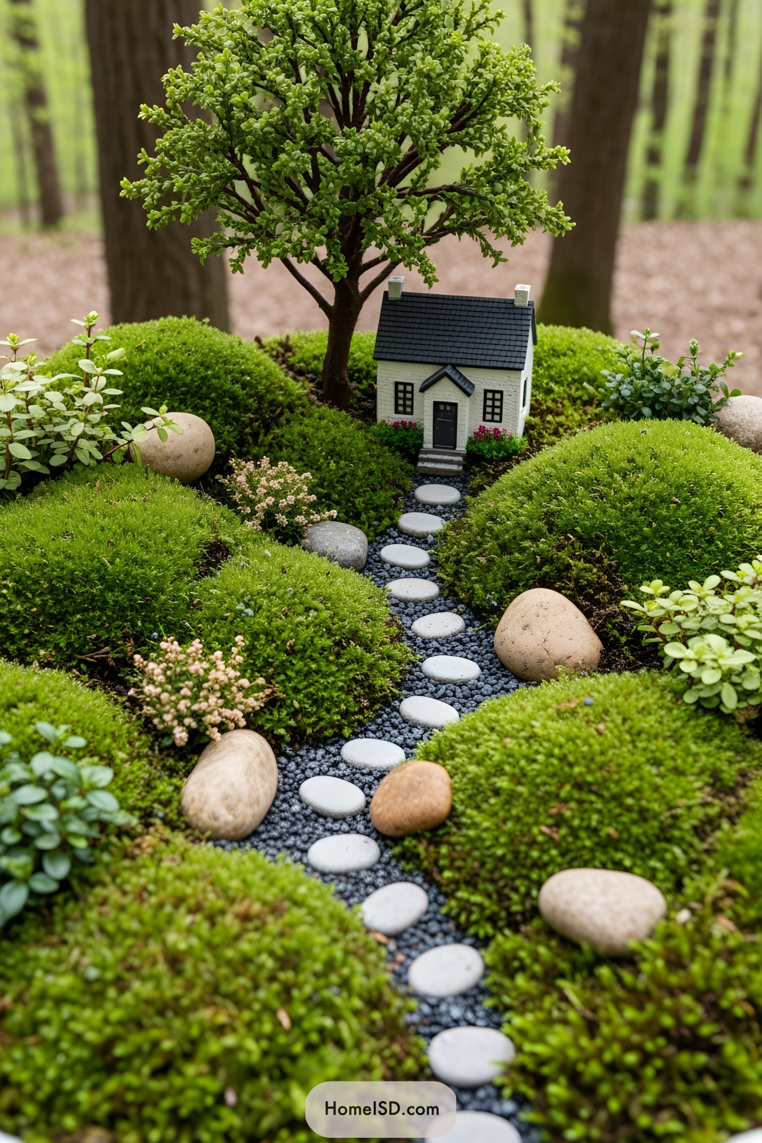 Tiny house in a lush fairy garden with a pebble path