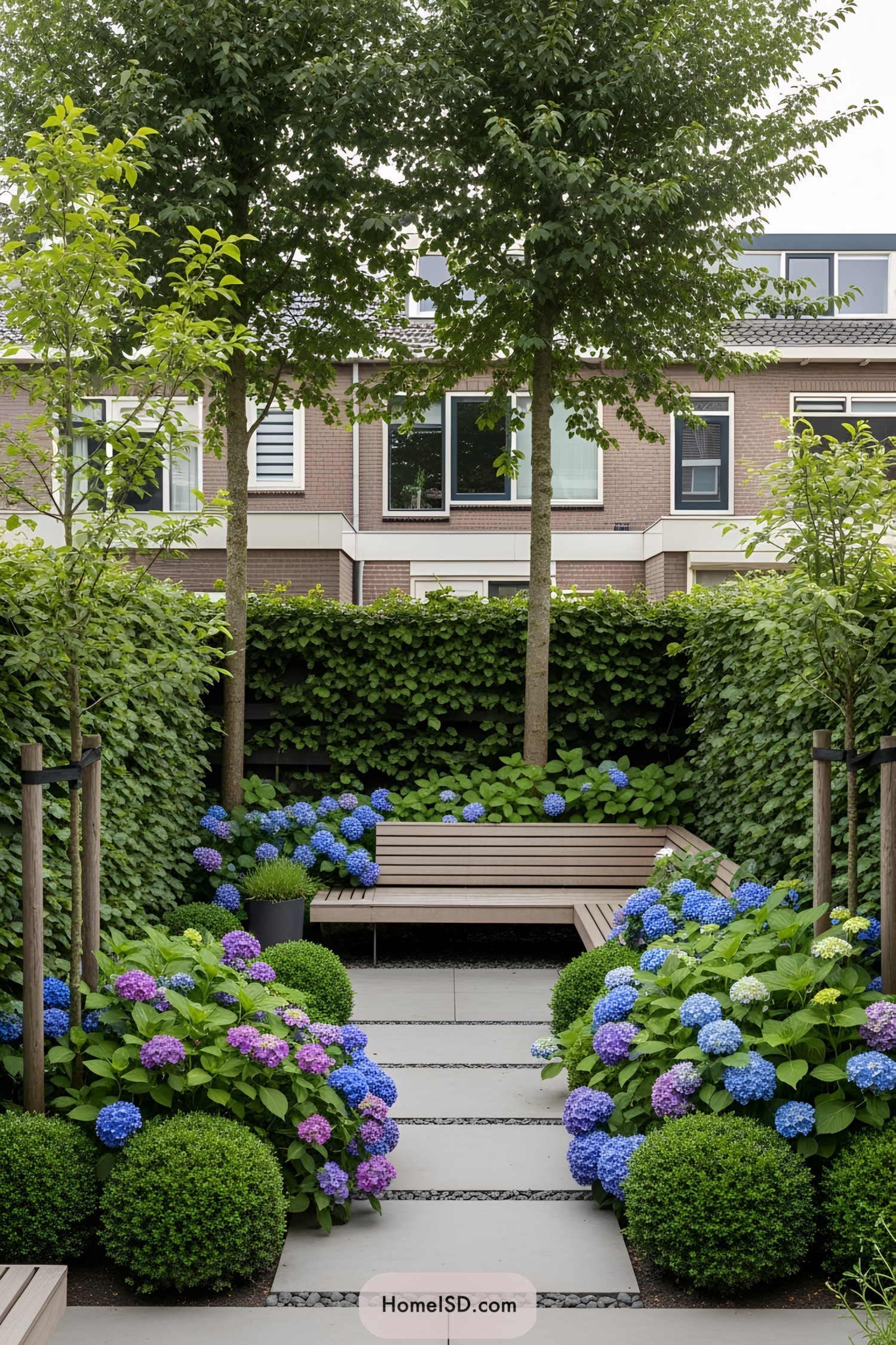 Garden with colorful hydrangeas and modern seating