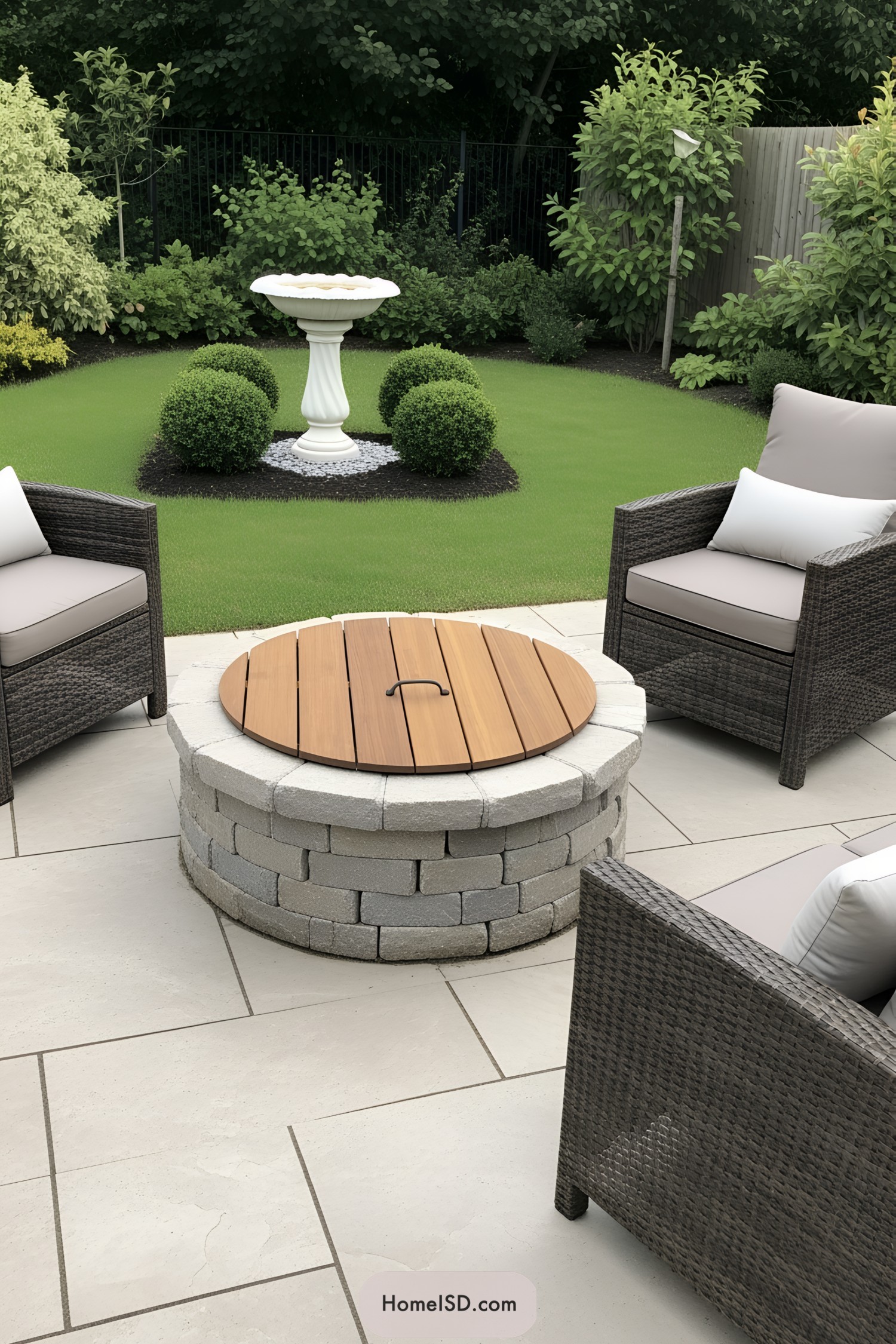 Outdoor seating area with fire pit and greenery
