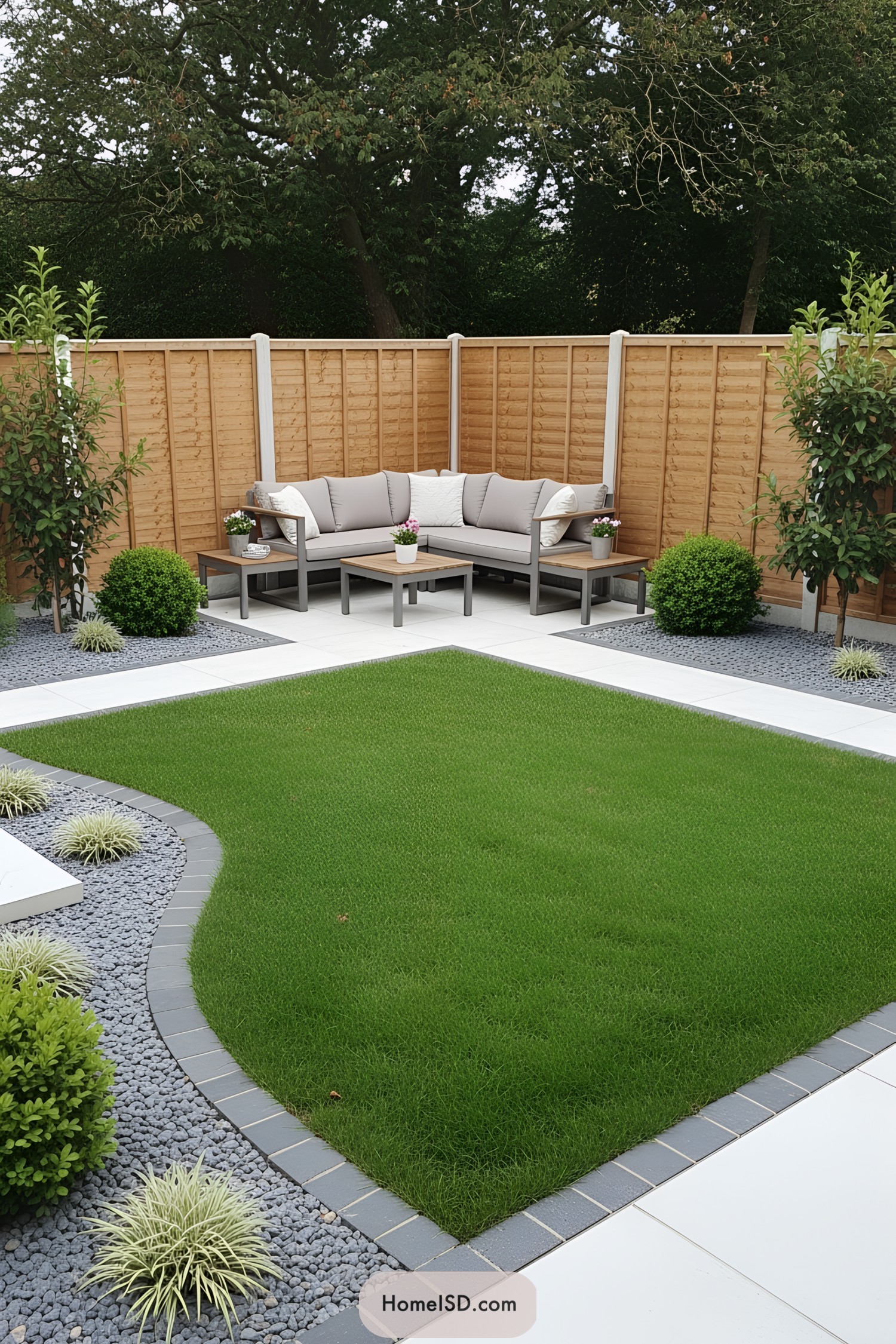 Modern patio with a green lawn and cozy seating