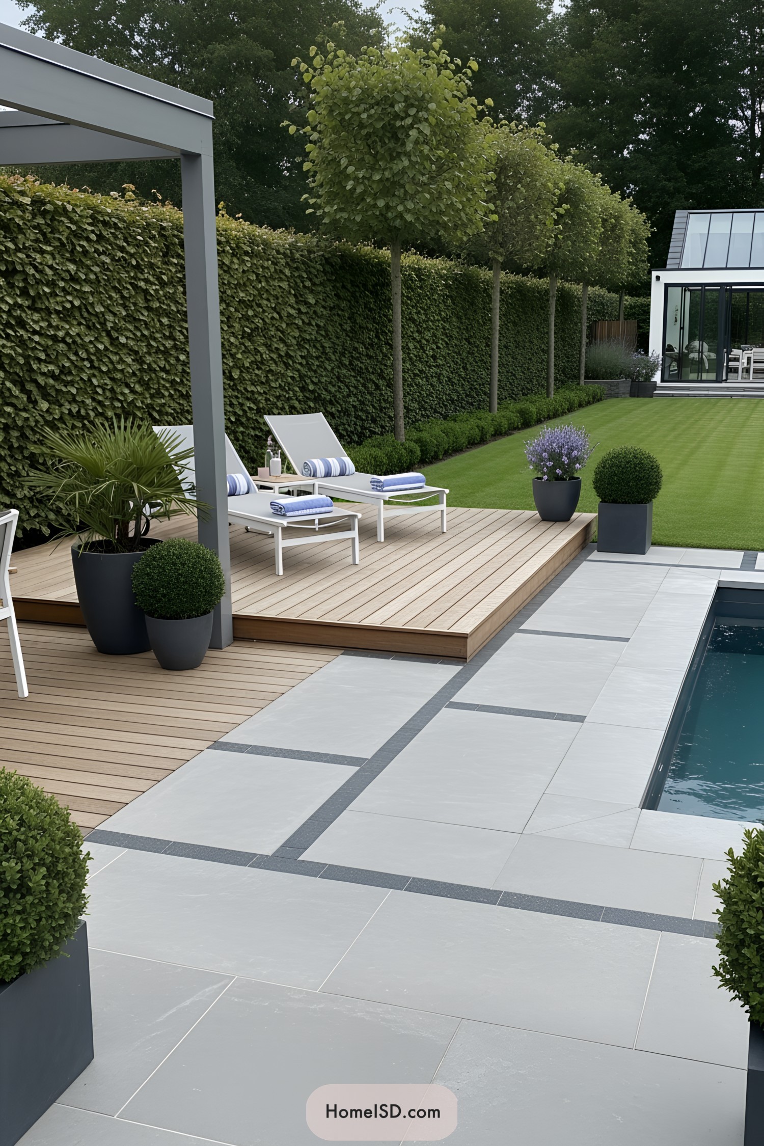 Minimalistic garden patio with sleek pool