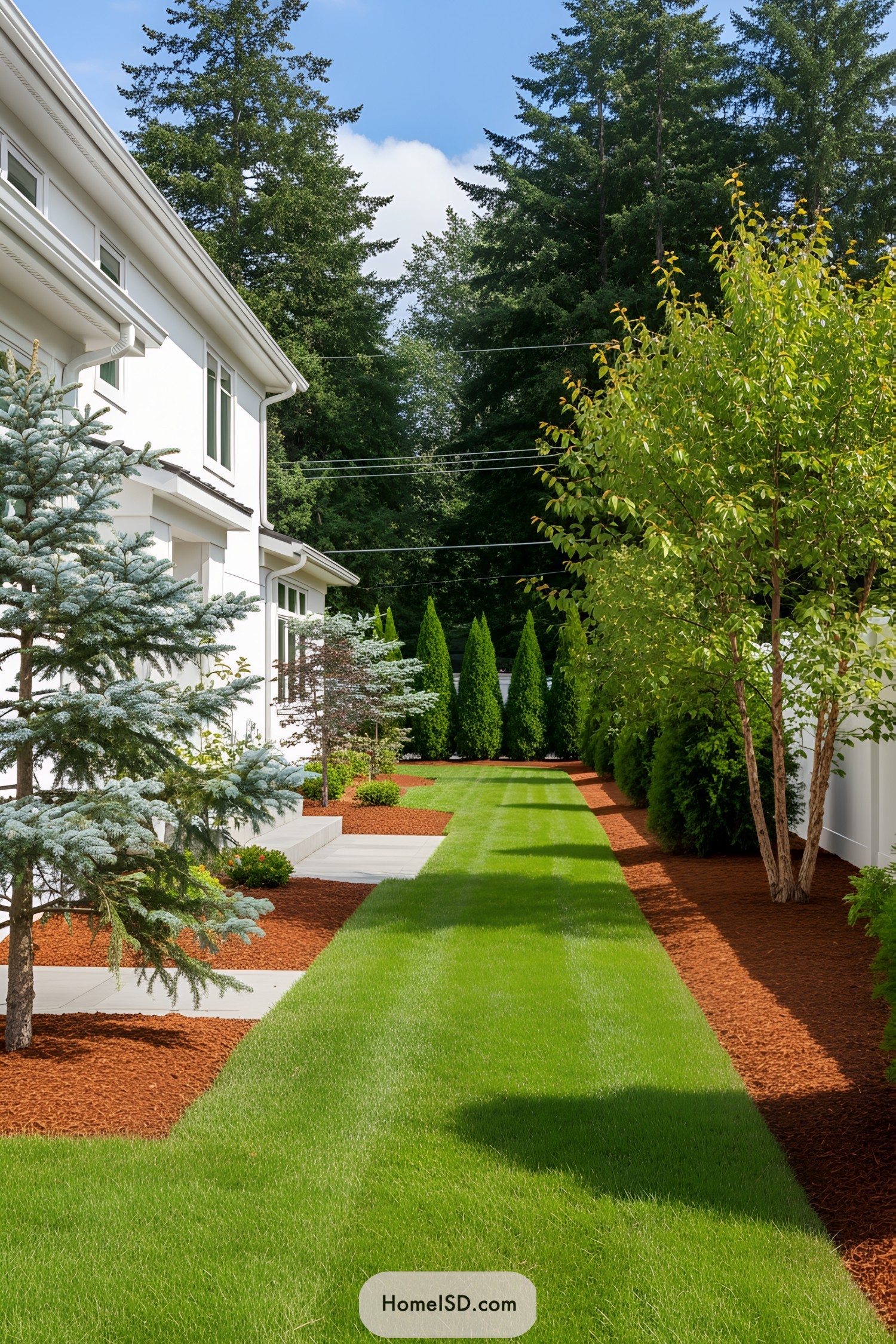 Groomed side yard with trees and lawn