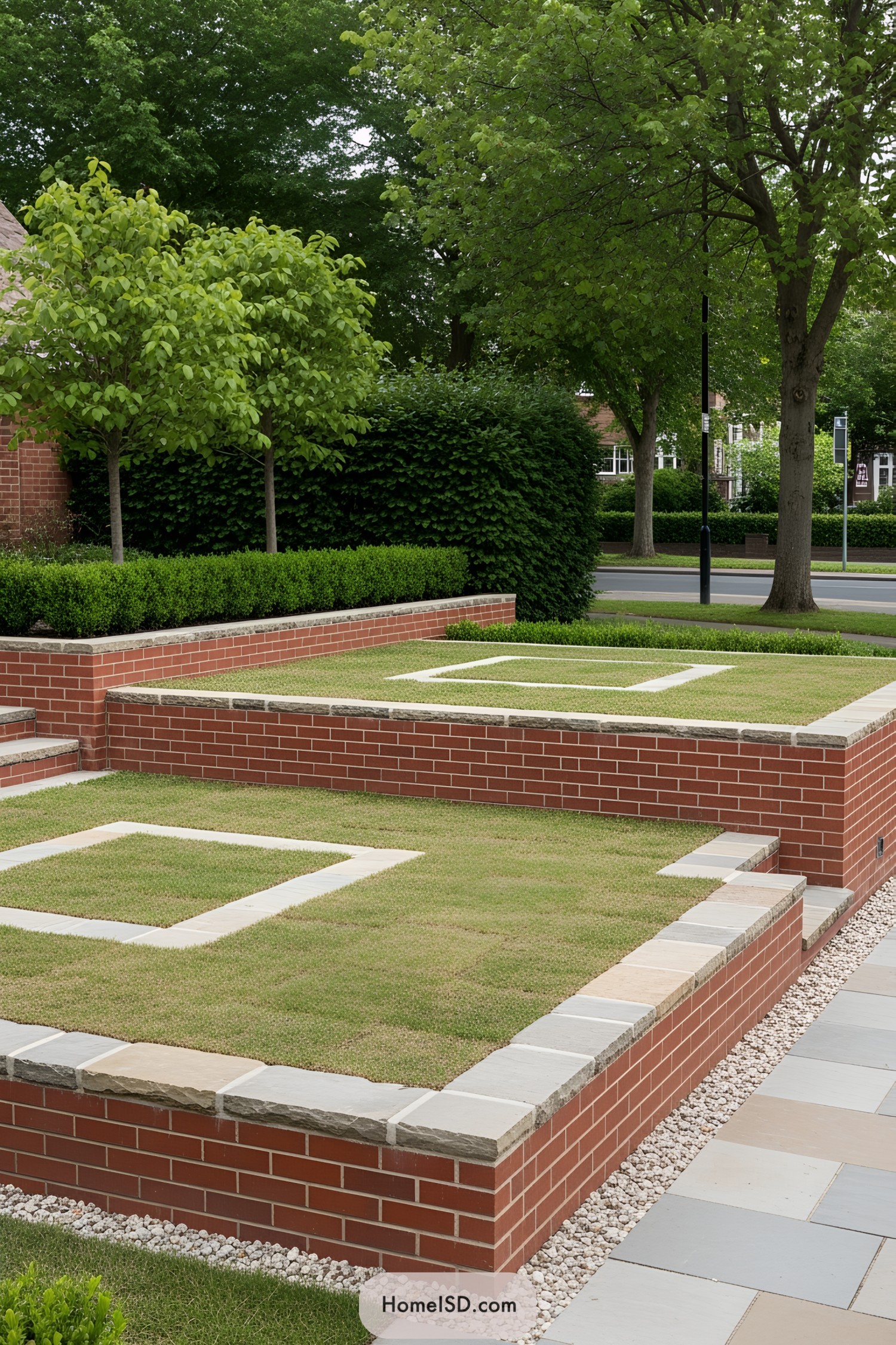 Brick retaining walls with grassy terraces and trees