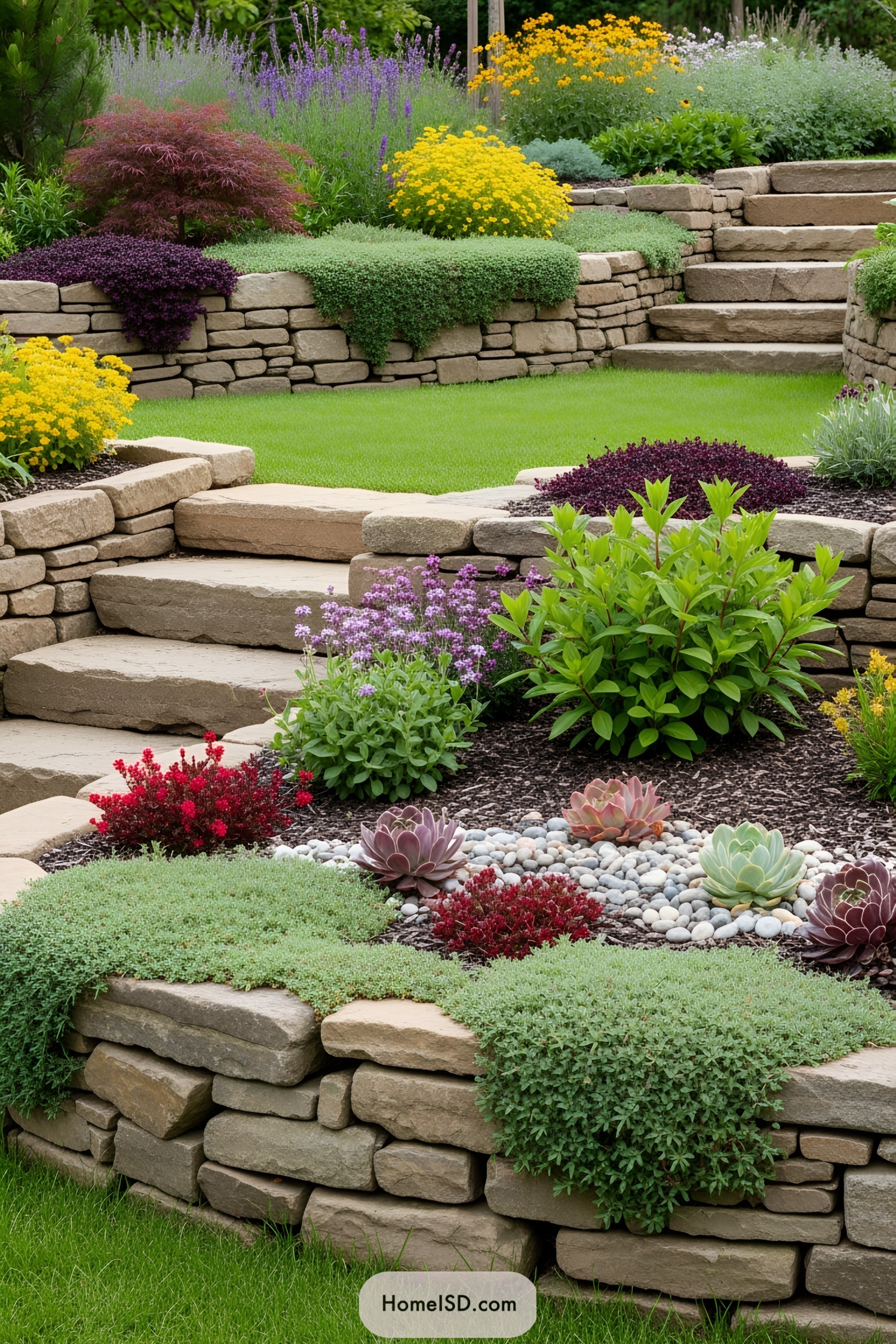 Colorful garden with flowers and stone retaining walls