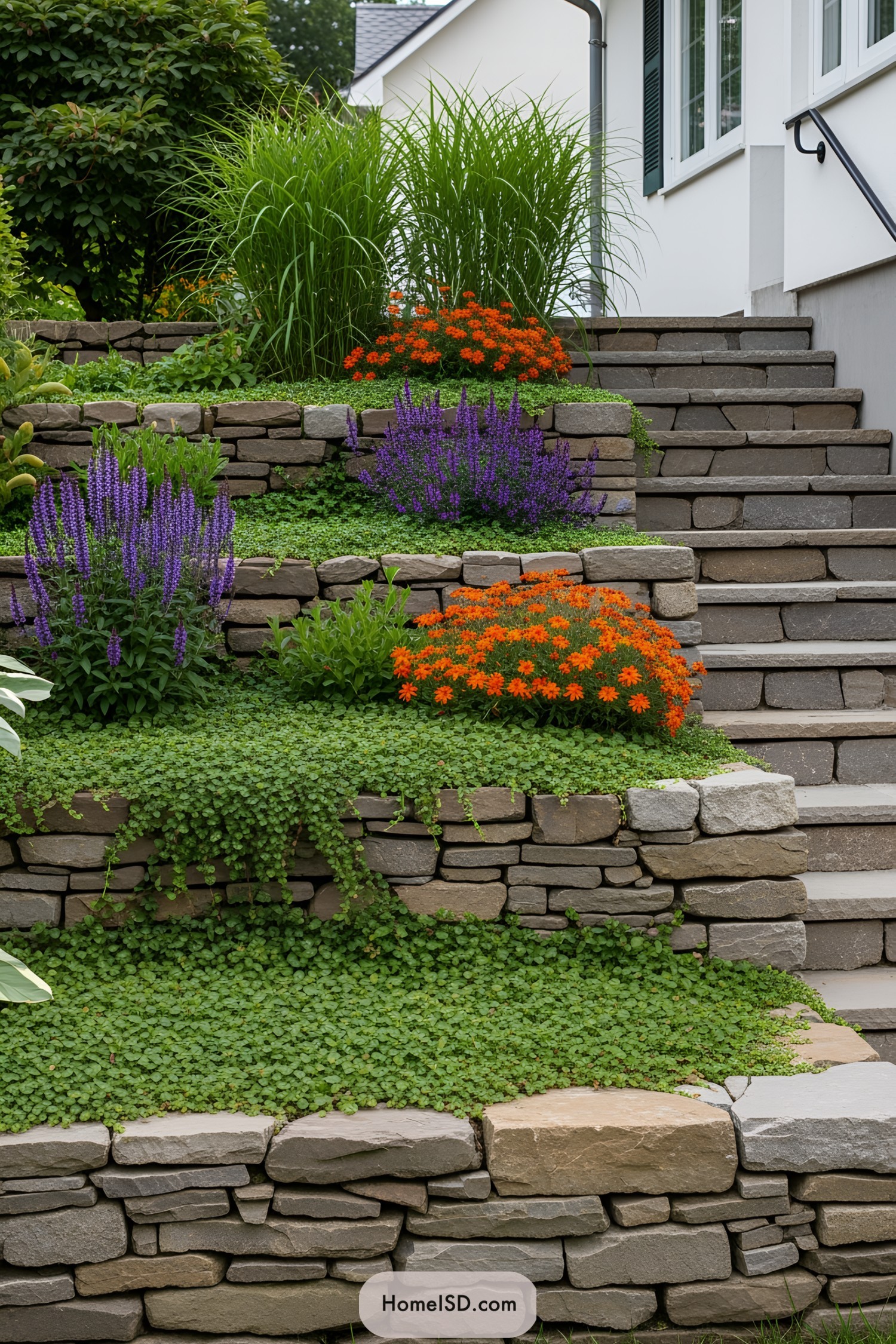 Tiered stone walls with colorful plants