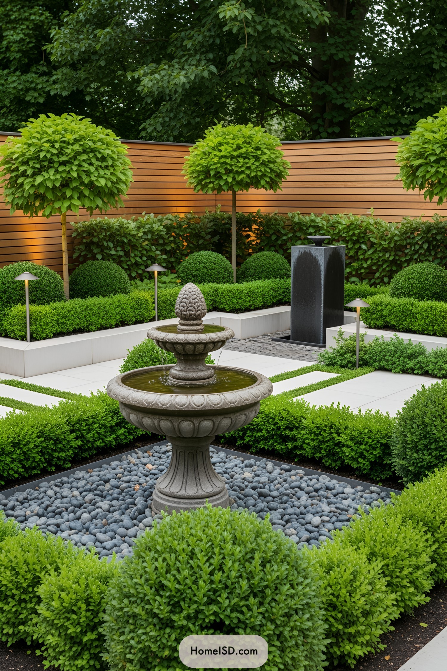 Garden with a stone fountain surrounded by lush greenery