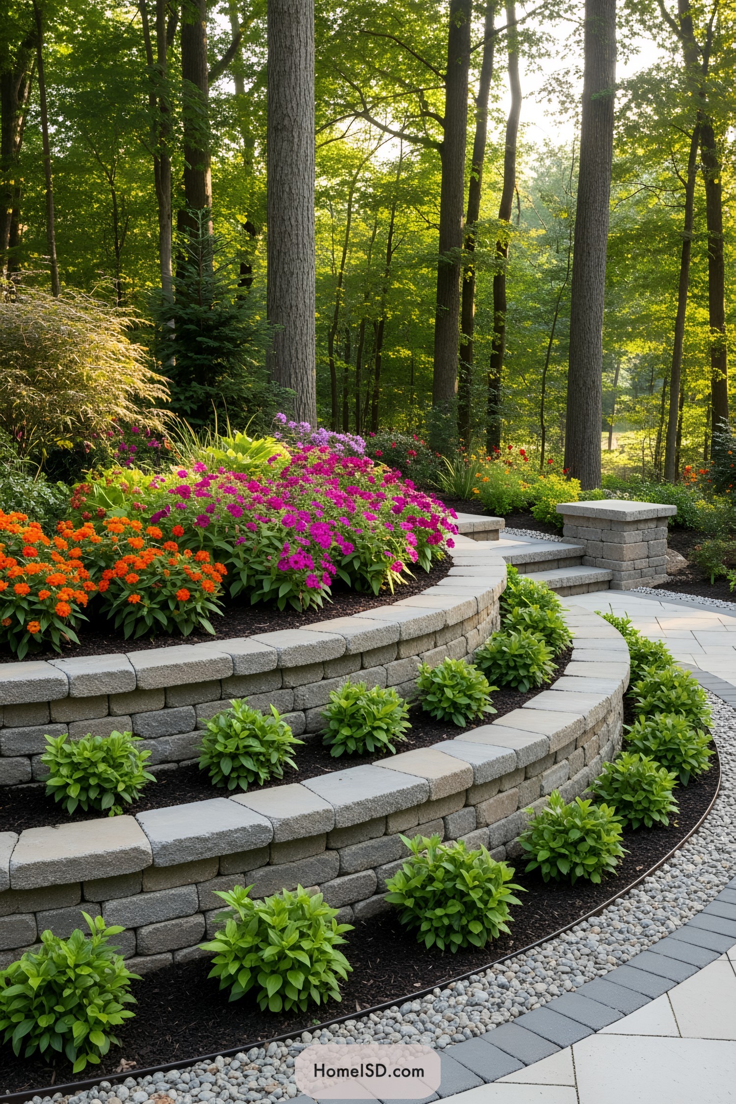 Stone retaining walls with colorful flowers and shrubs