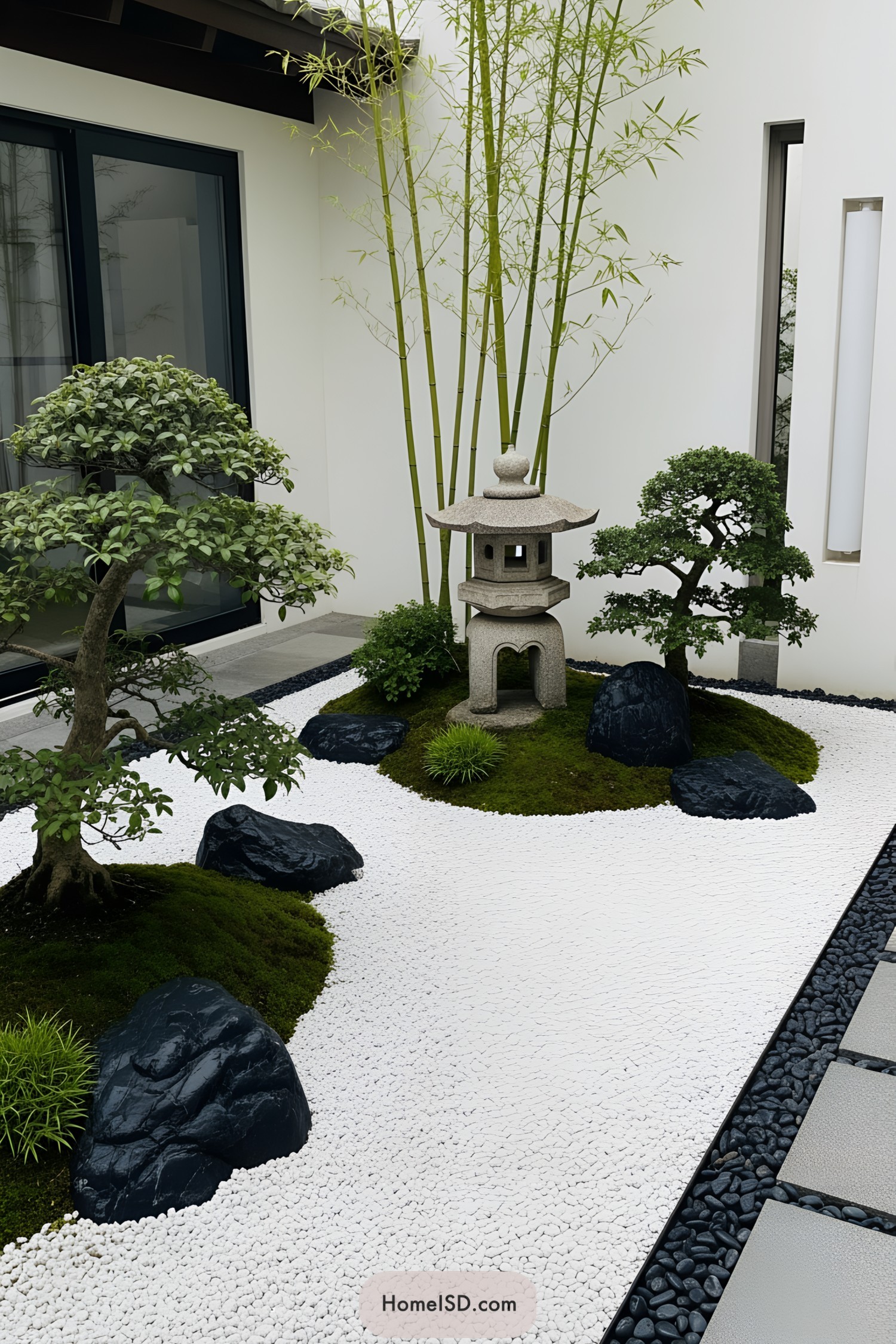 Miniature Japanese garden with stones and greenery