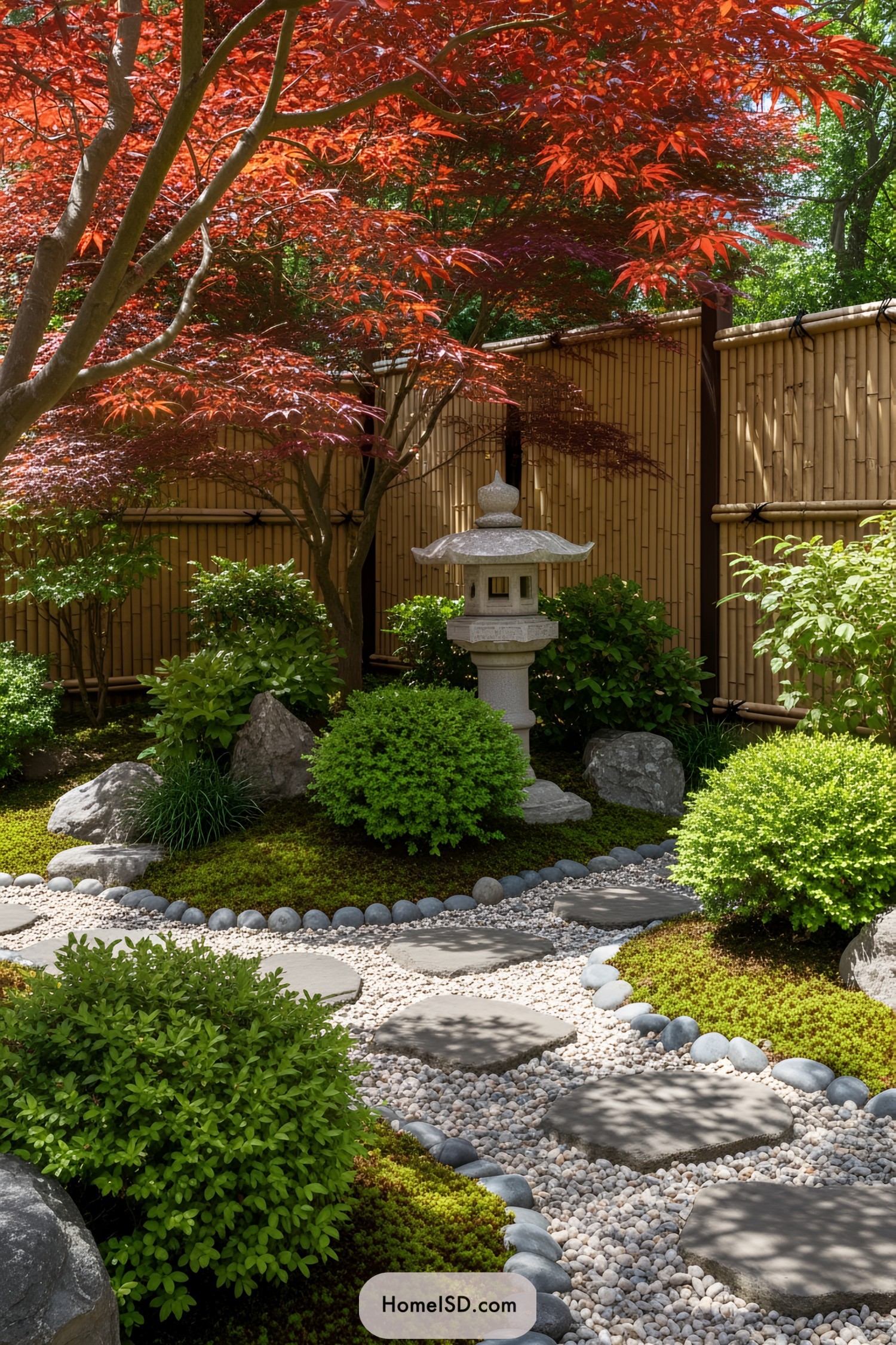 Mini Japanese garden featuring stone lantern and vibrant foliage
