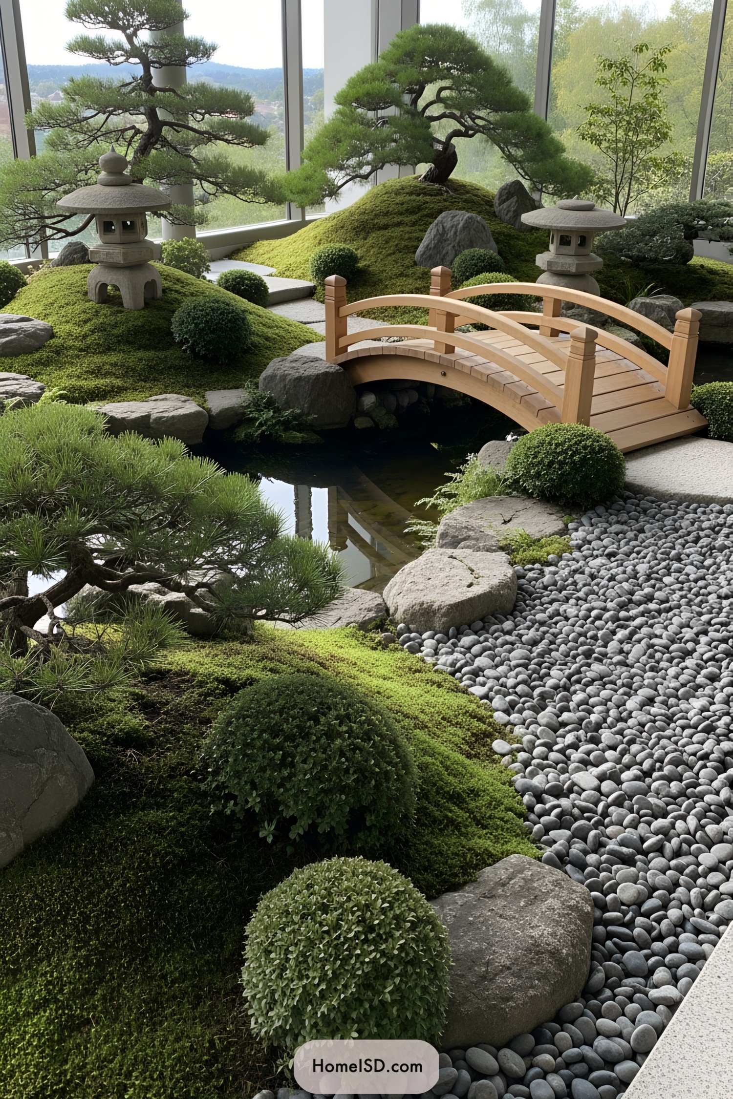 Small Japanese garden with bridge and pond