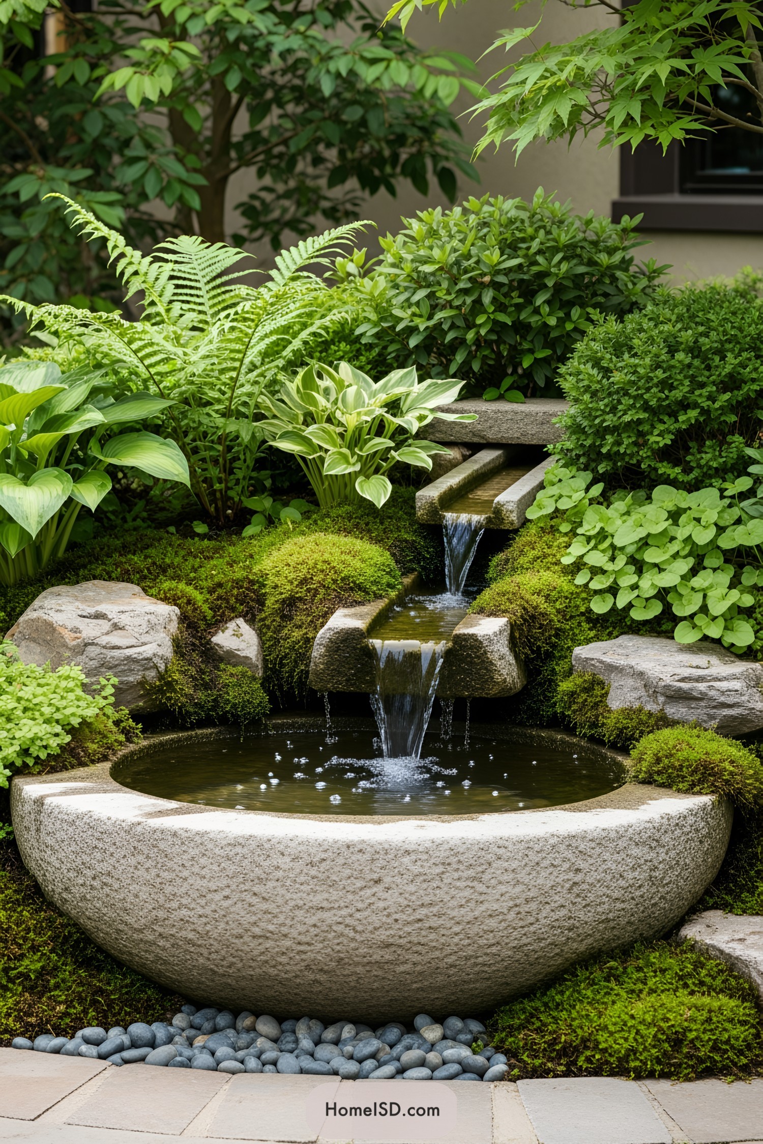 Compact Japanese garden with water feature and lush greenery
