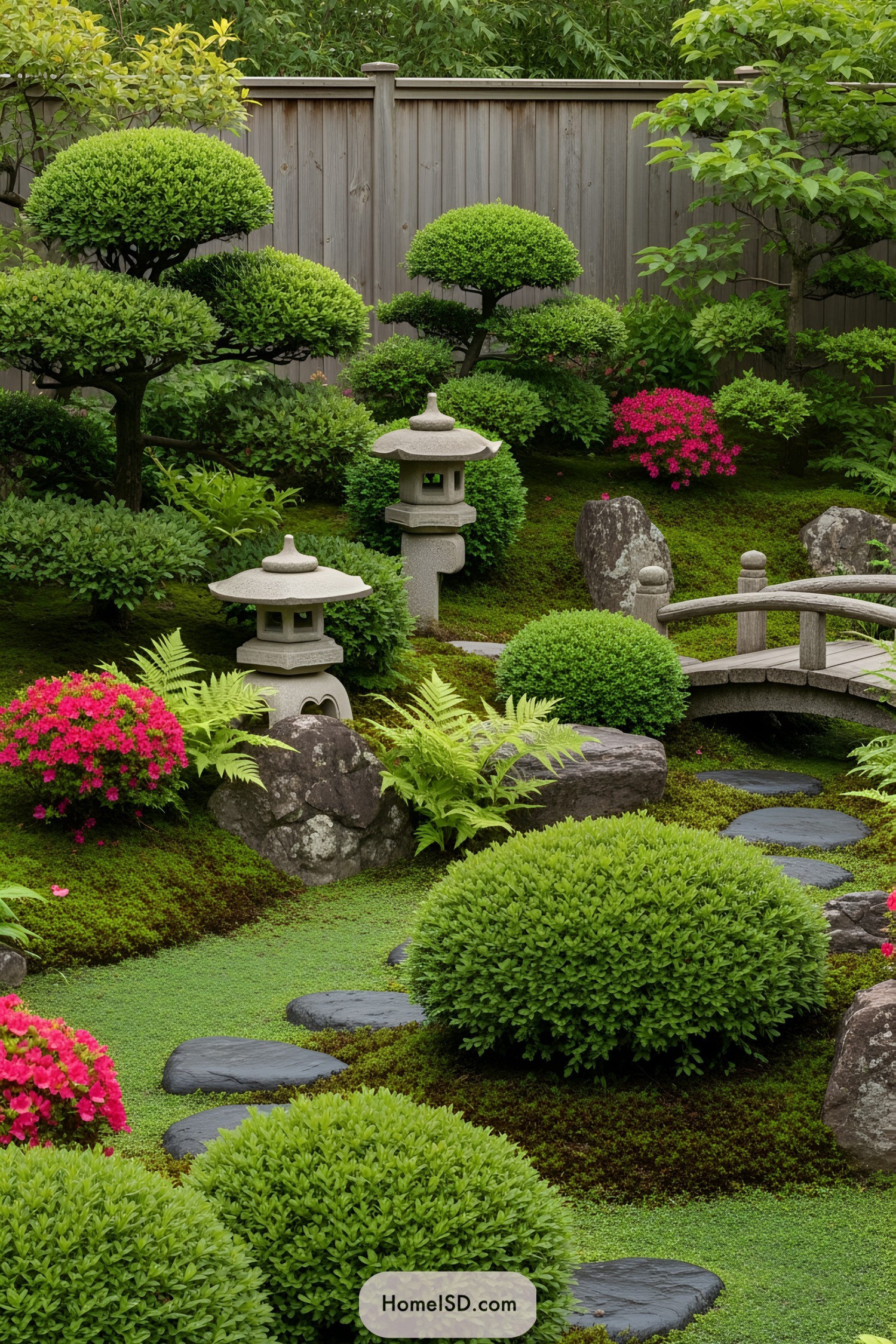 Charming Japanese garden with neat shrubs, stone lanterns, and a delicate bridge