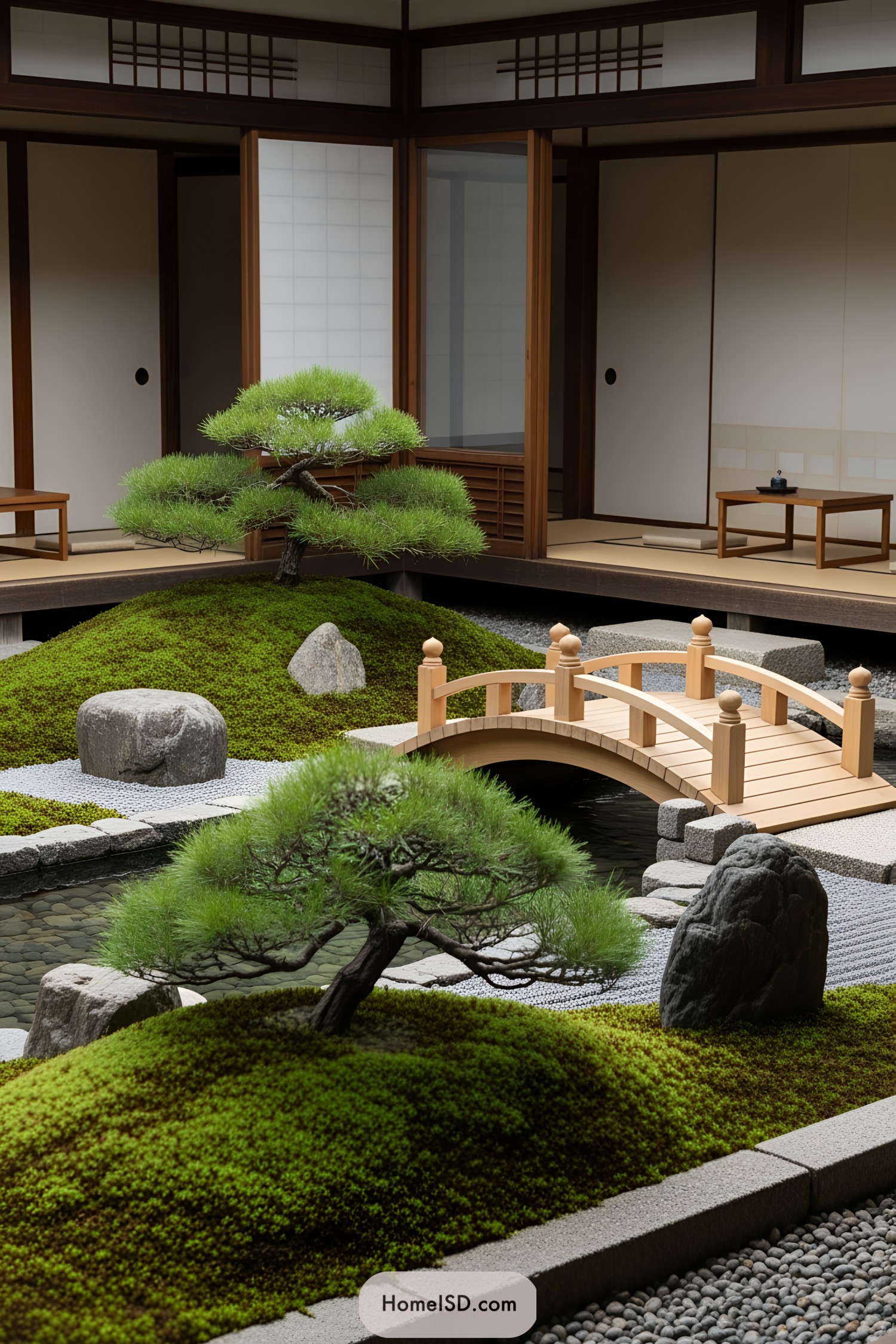 Tiny zen garden with moss, stones, and a mini bridge