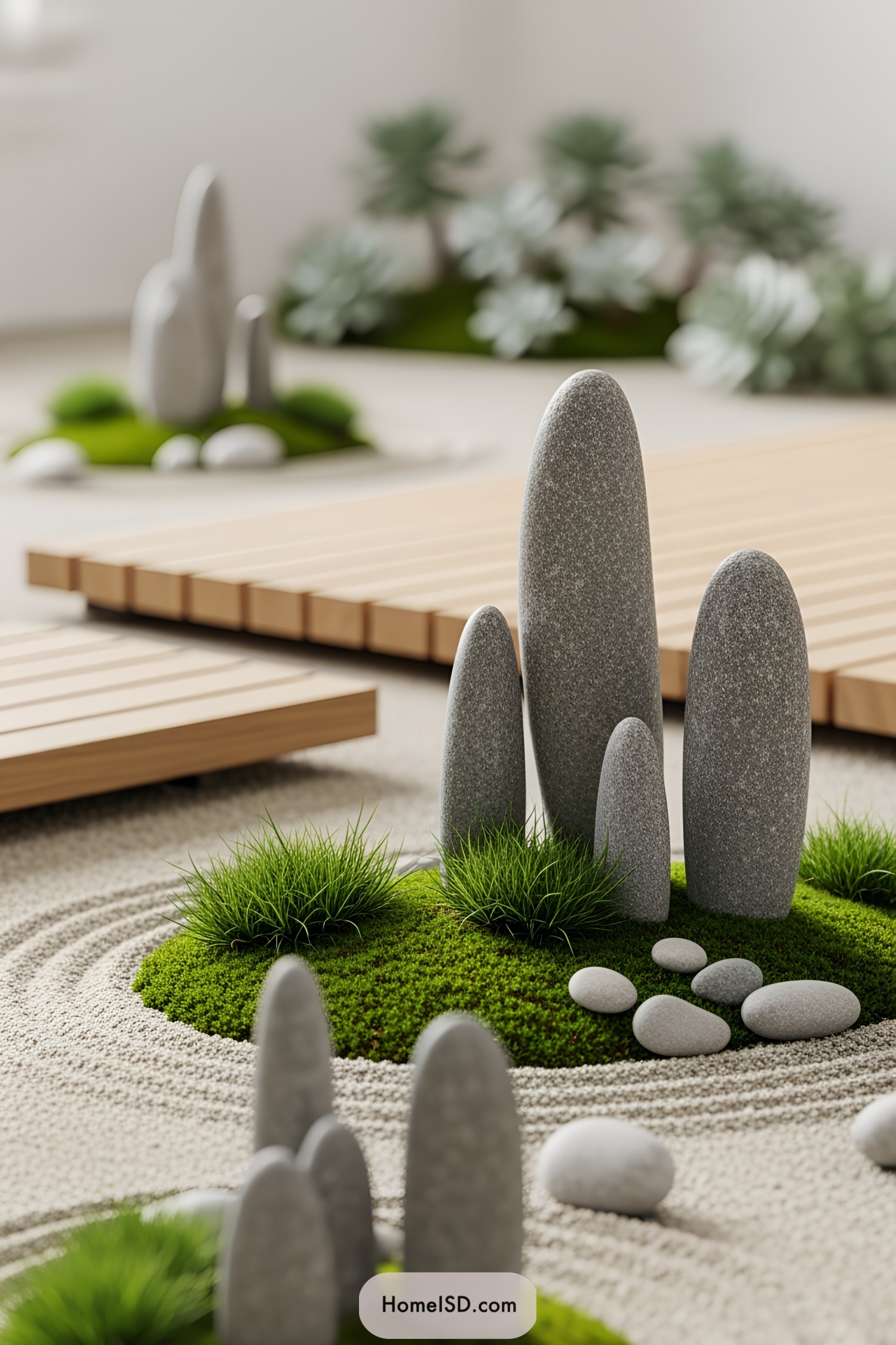 Miniature zen garden with smooth stones and green moss