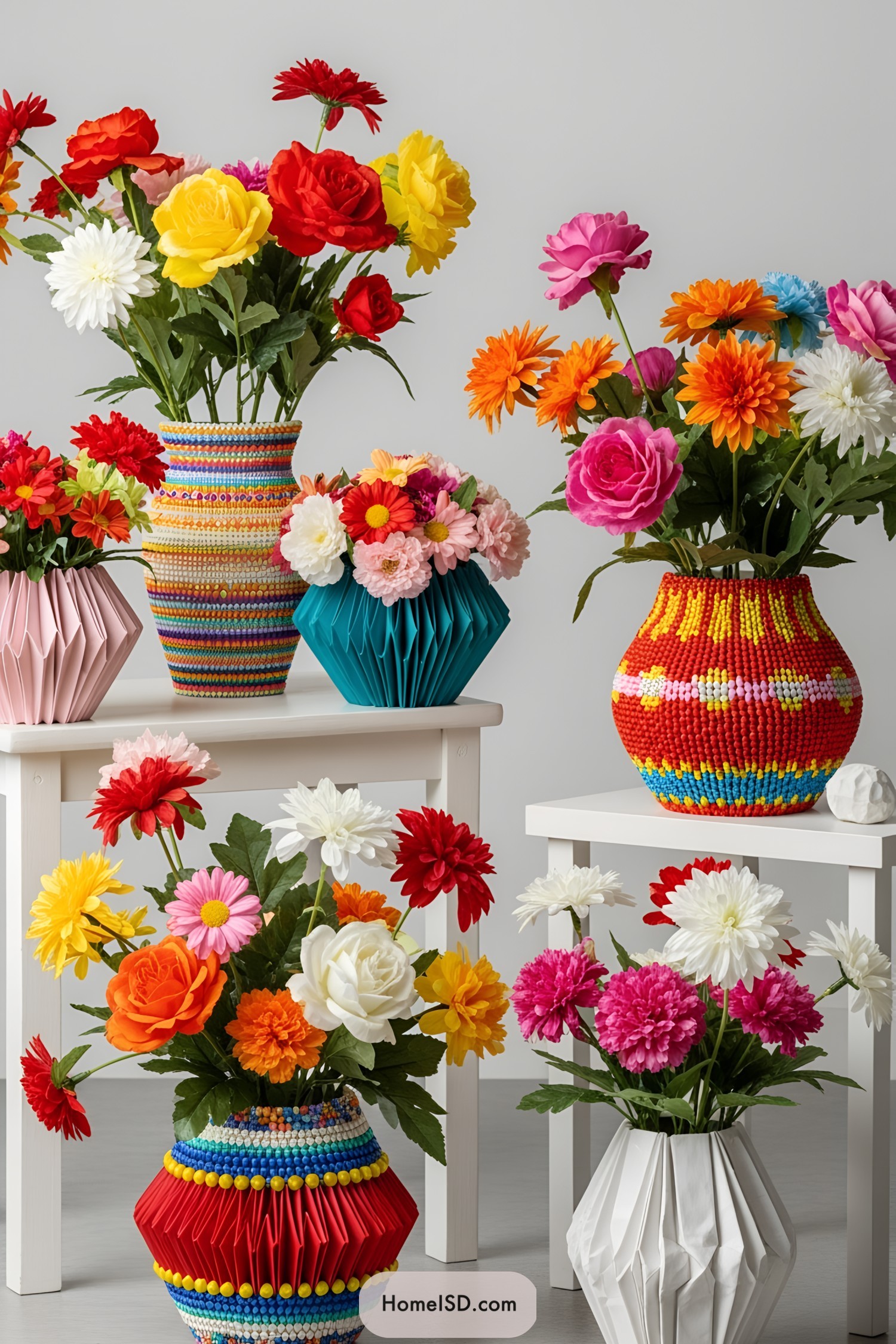 Vibrant flower arrangements in unique pots
