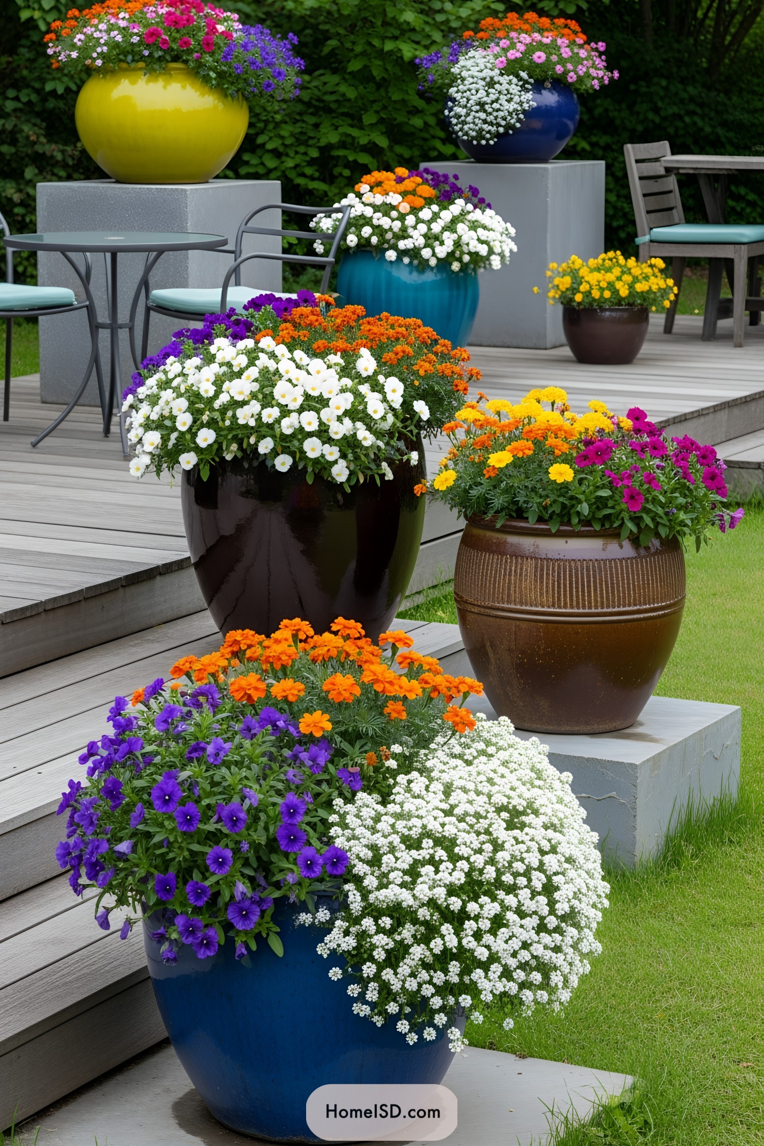 Vibrant flowers in large colorful pots on a deck