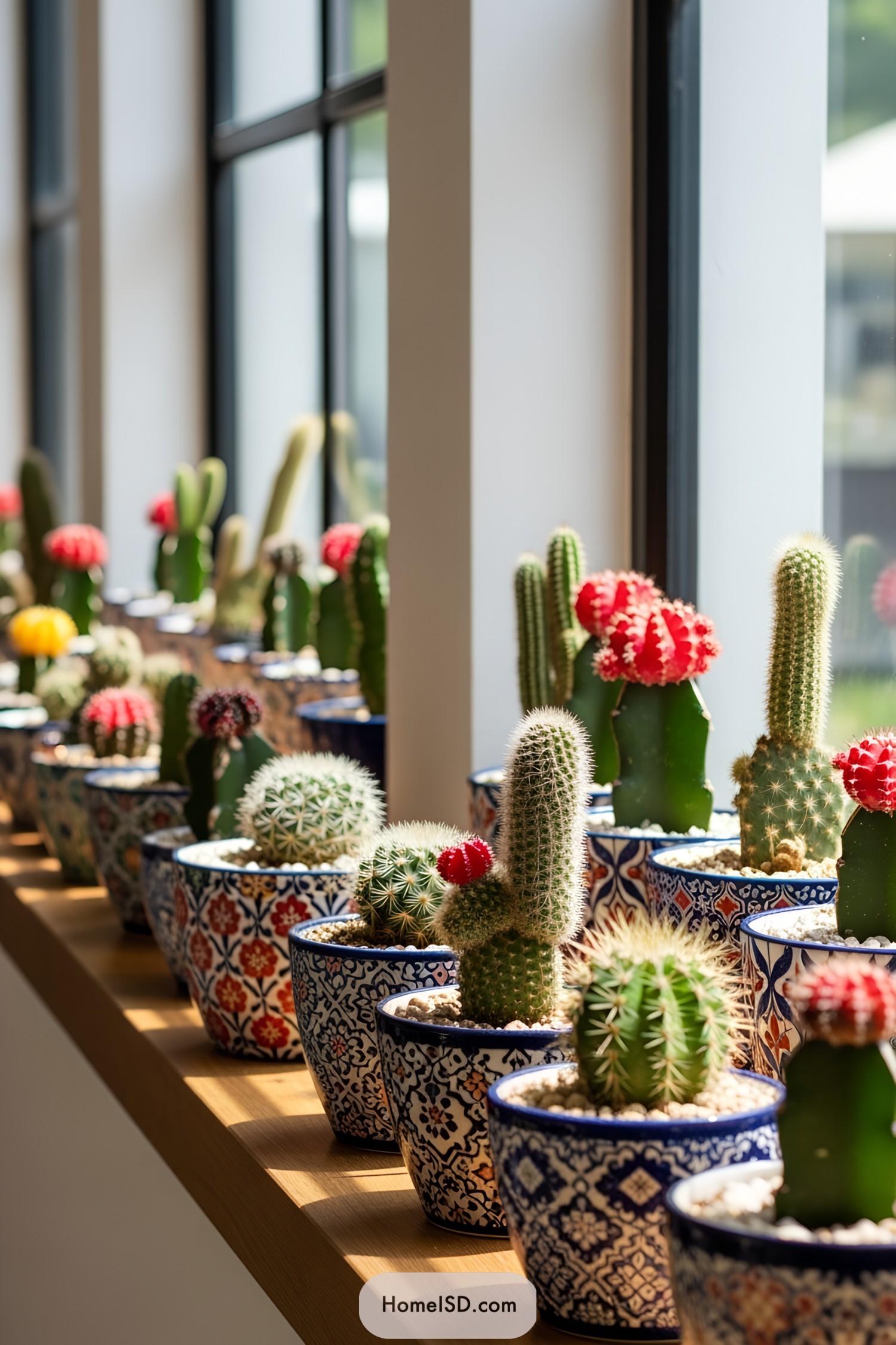Small colorful cacti in patterned pots on a windowsill