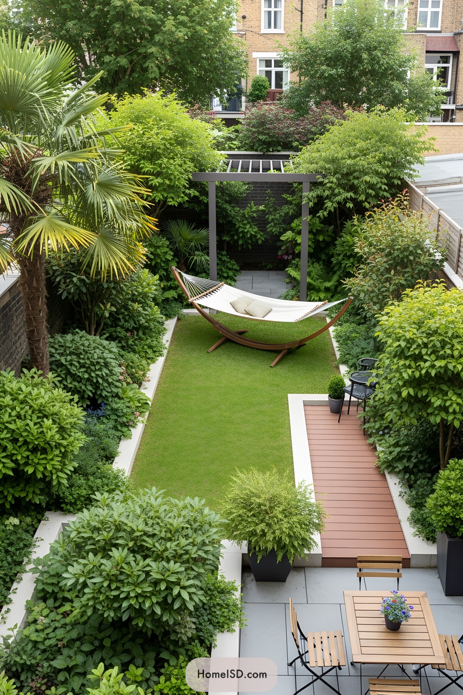 Compact garden with a hammock and seating area