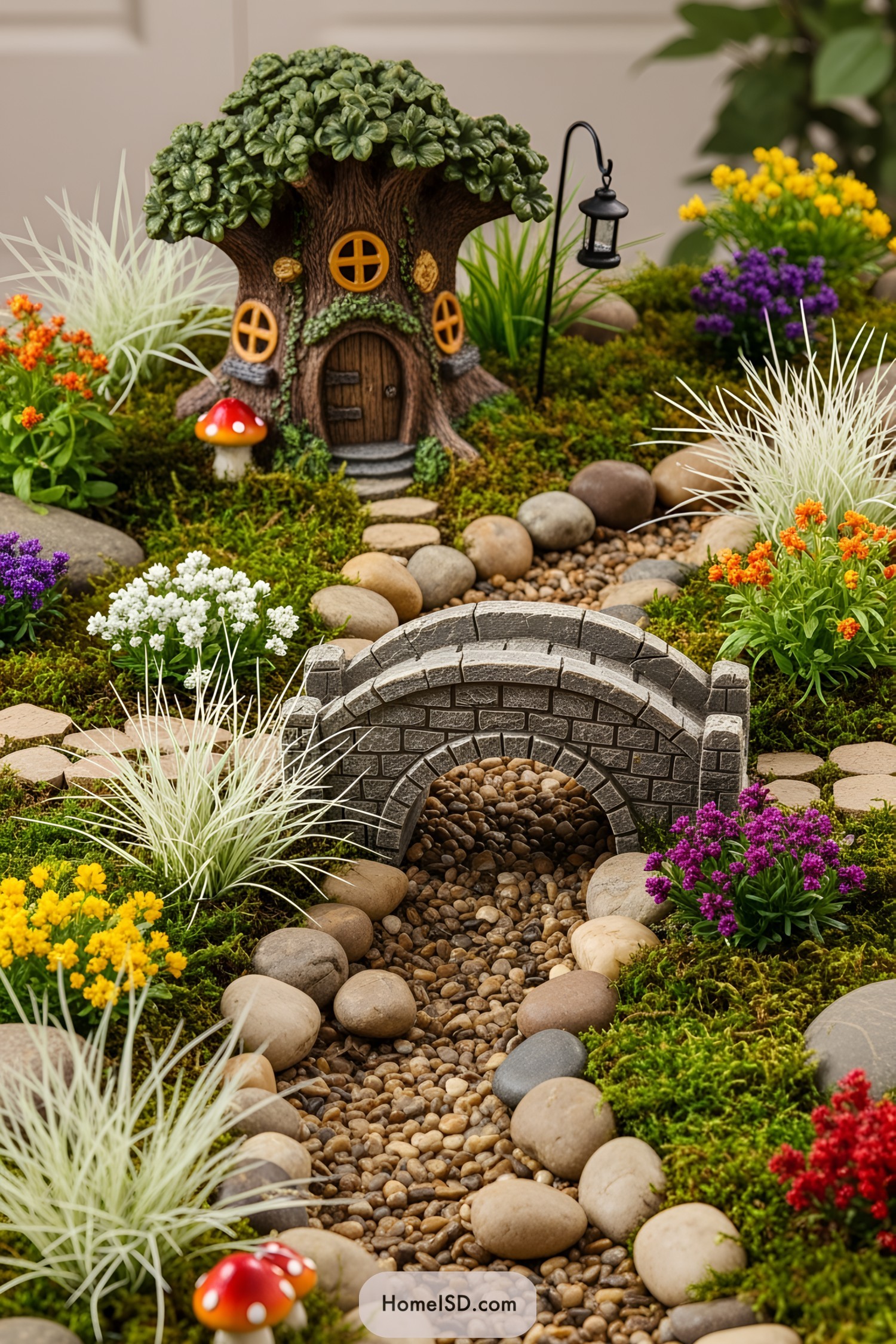 Miniature garden with a tiny bridge