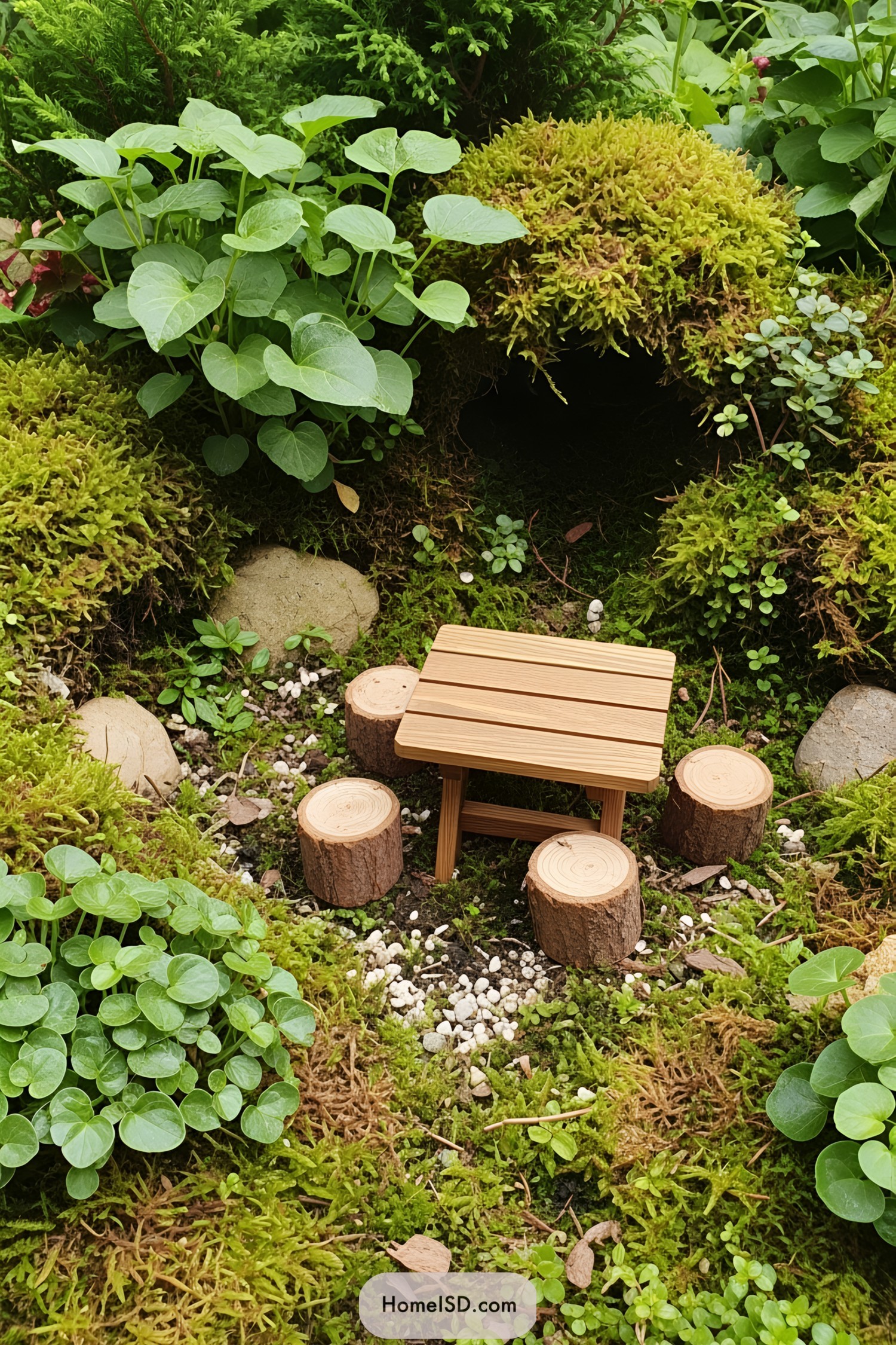 Miniature garden setup with a tiny wooden table and stump seats