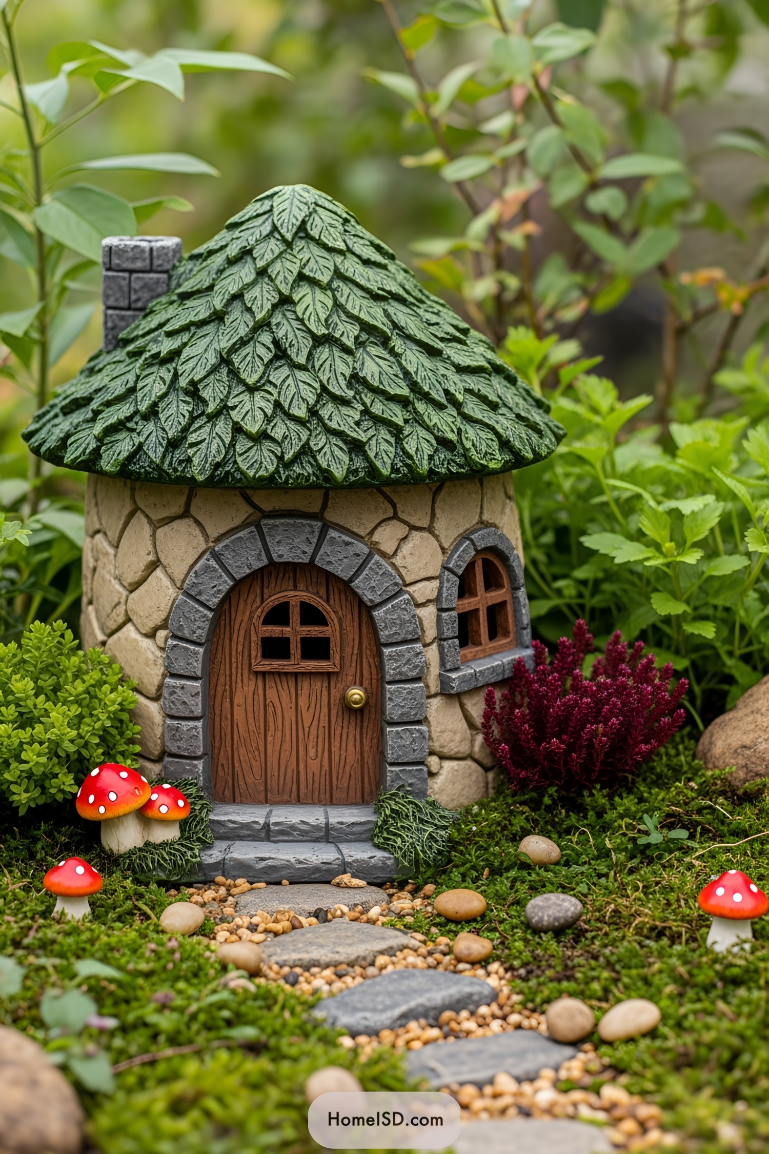 A quaint miniature fairy house with a leafy roof, surrounded by mushrooms and lush greenery