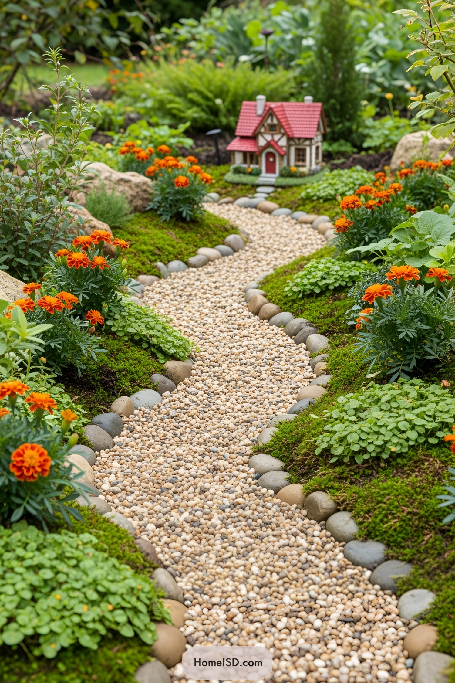 Tiny house with red roof at the end of a pebbled path in a lush garden