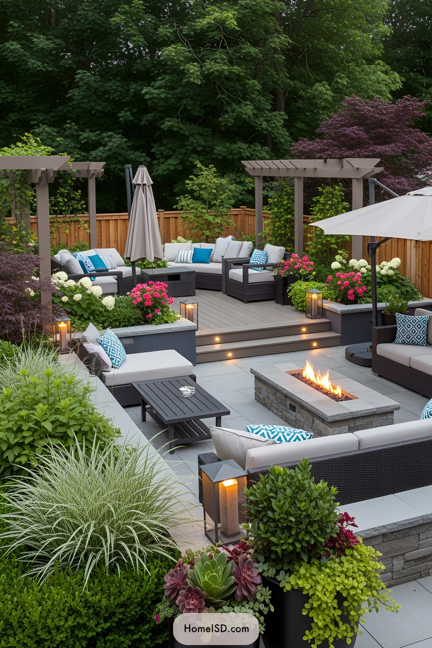 Cozy backyard with a fire pit and seating amid lush greenery