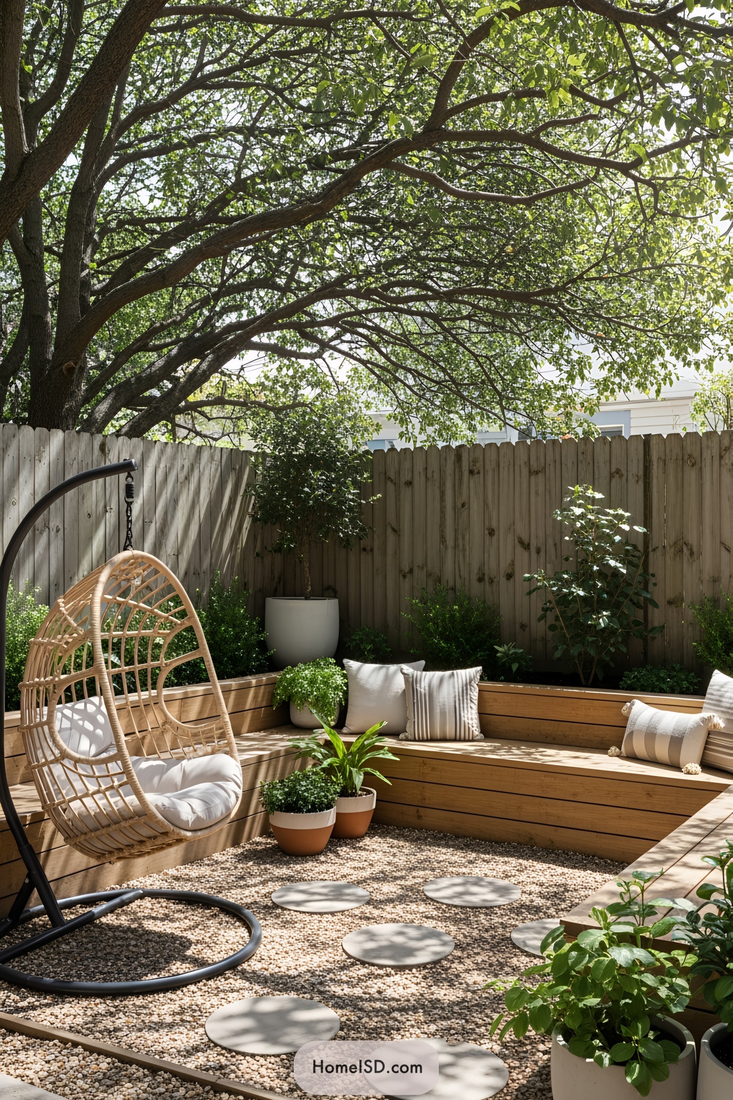 Cozy backyard with a swing chair, wooden seating, and lush greenery