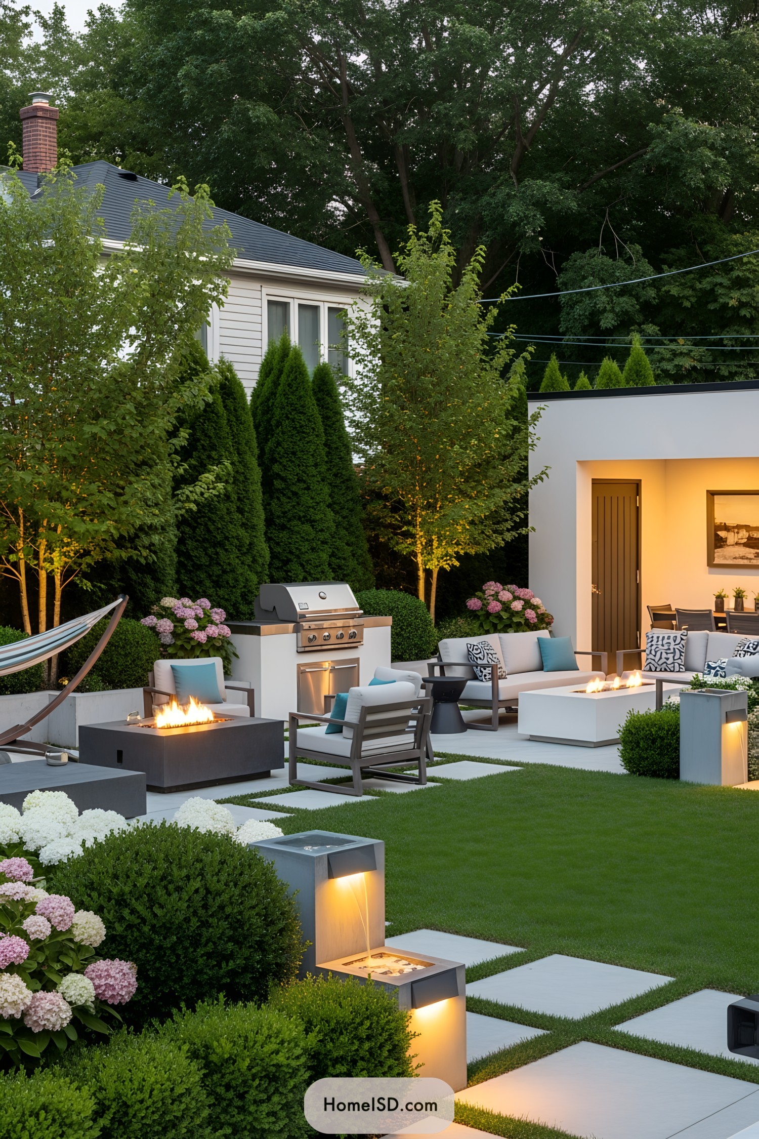 Chic outdoor seating with a grill and fireplace