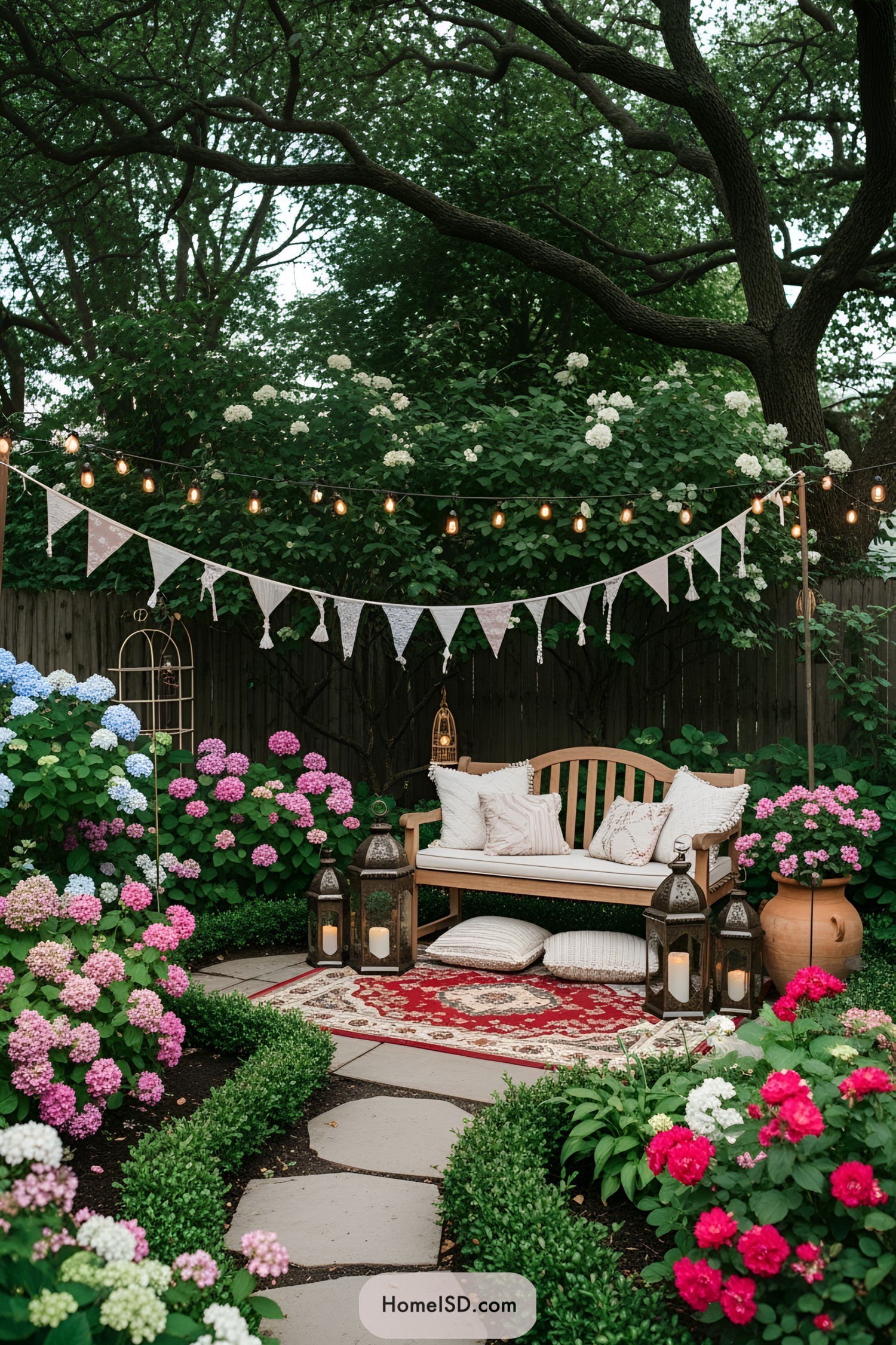 Wooden bench amidst blooming hydrangeas with decorative lanterns