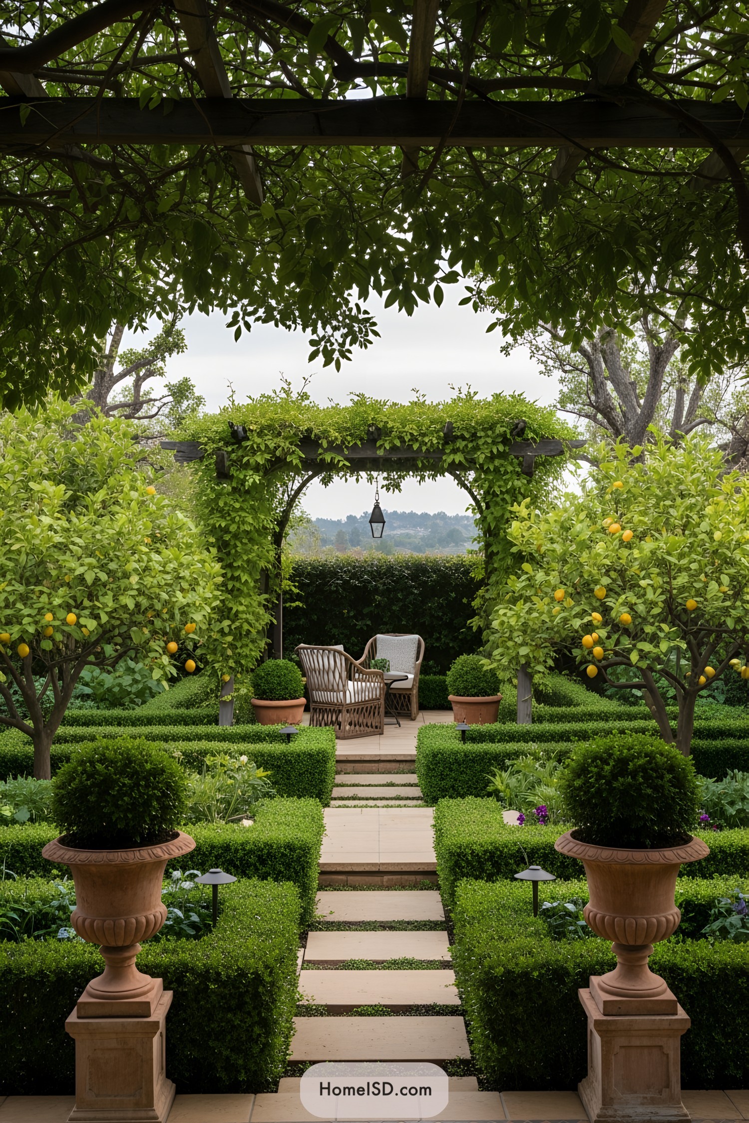 Charming garden nook with a pergola and lemon trees