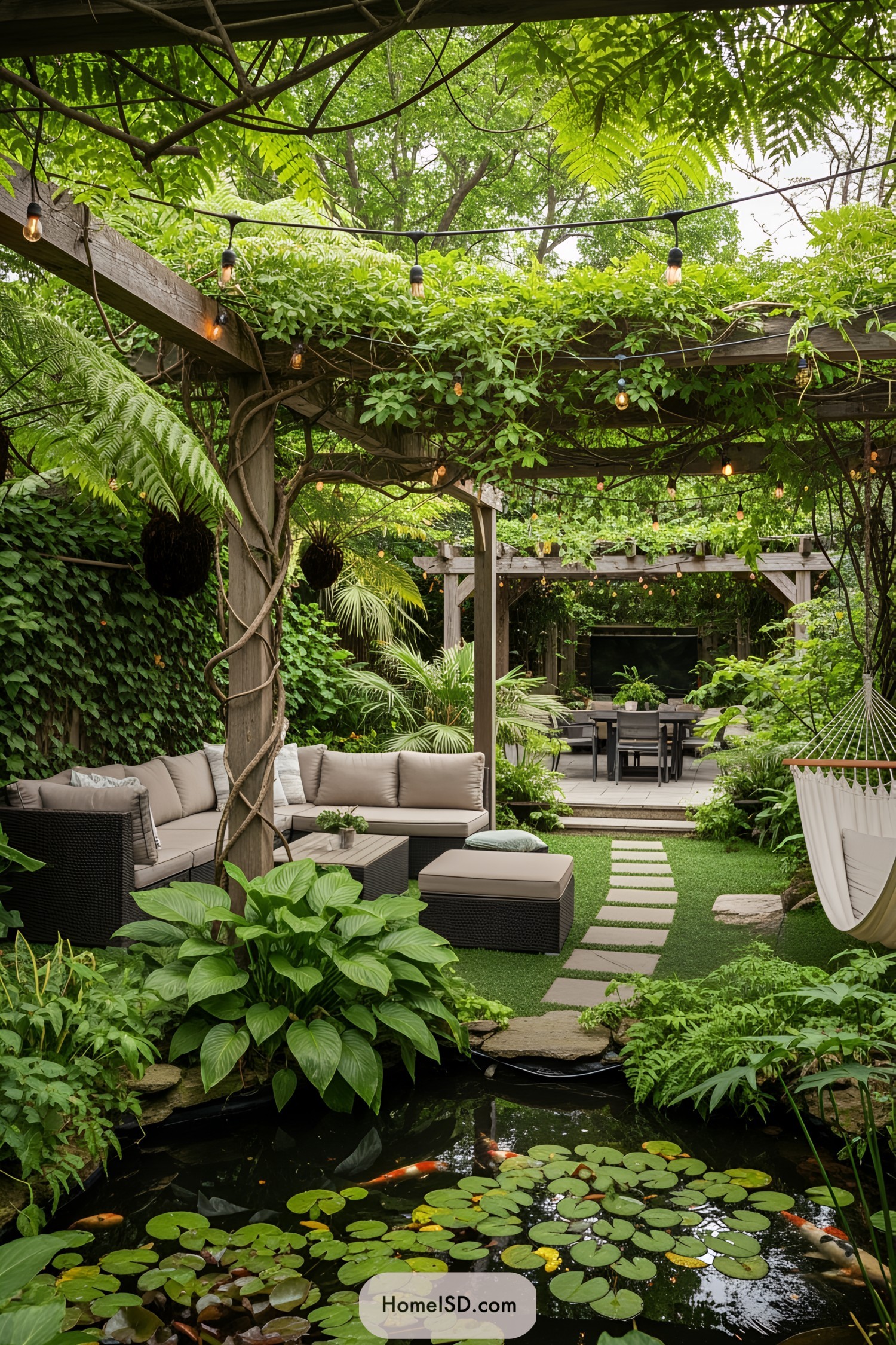 Lush backyard oasis with pergolas and pond