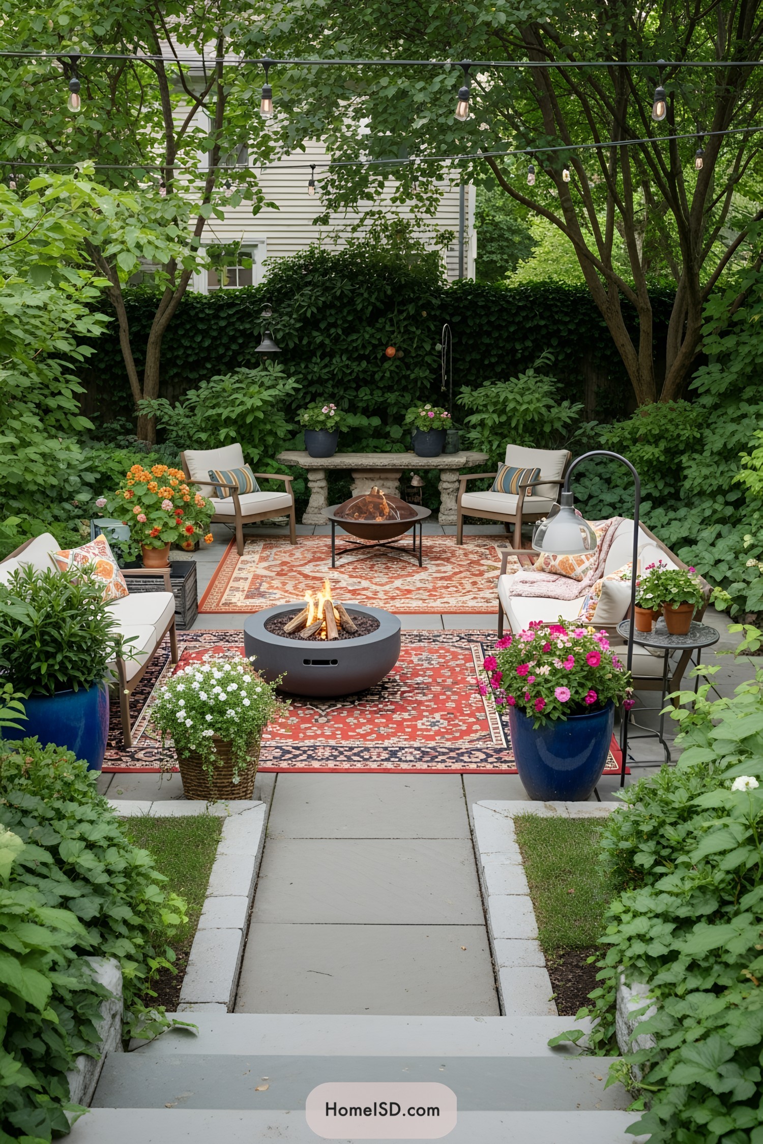 Cozy outdoor seating area with fire pit and lush greenery