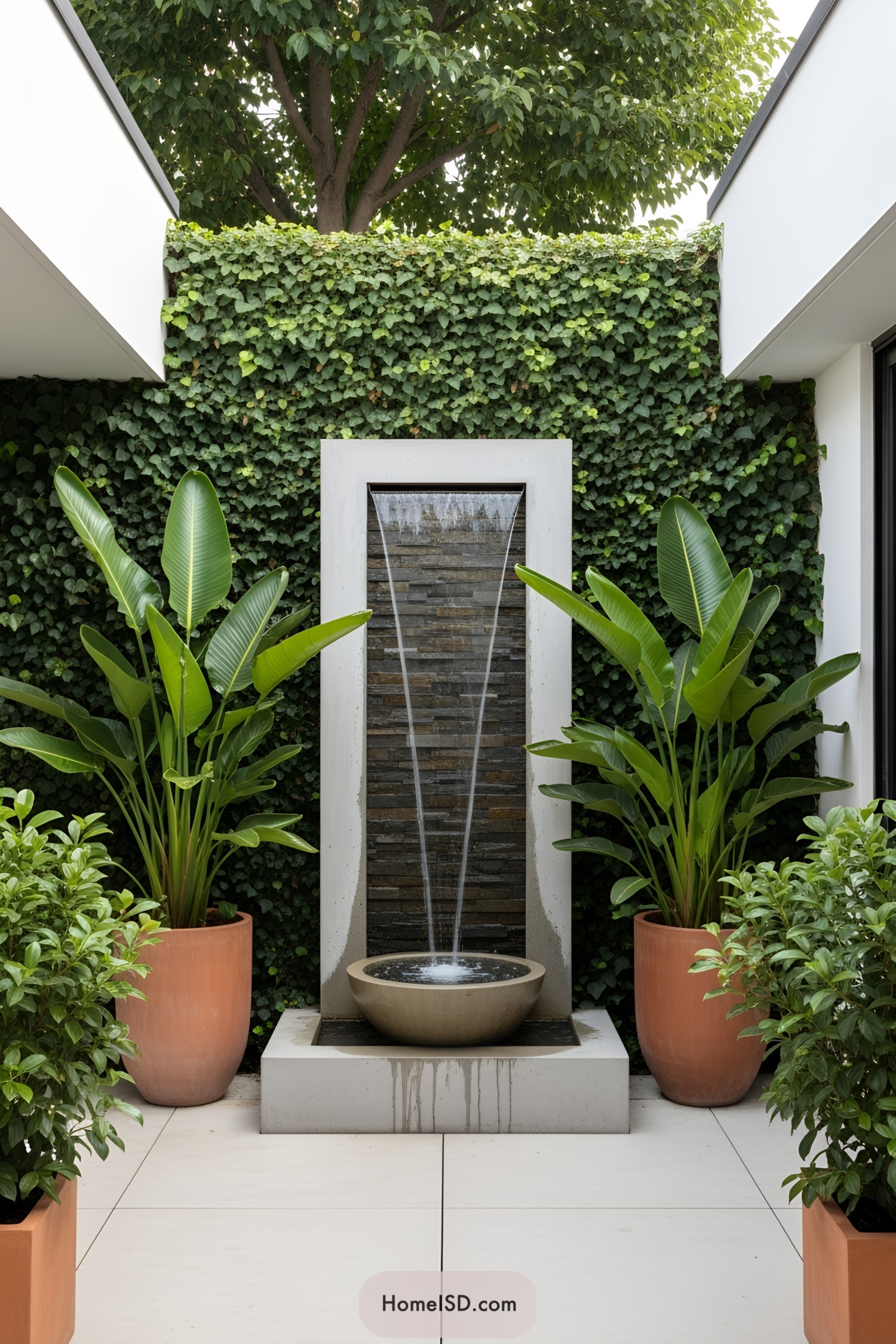 Outdoor fountain with leafy plants and ivy-covered wall