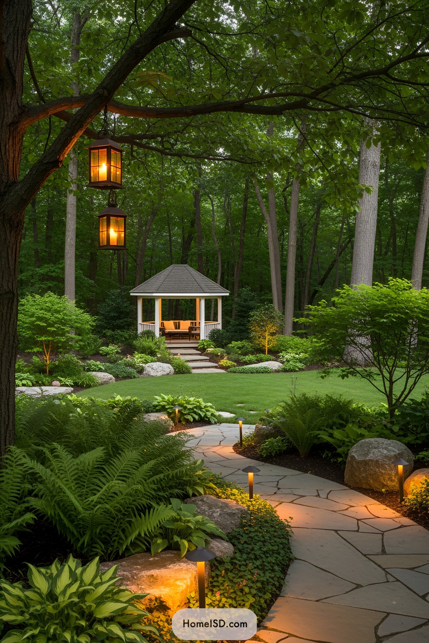 Cozy gazebo surrounded by lush greenery and warm lantern light