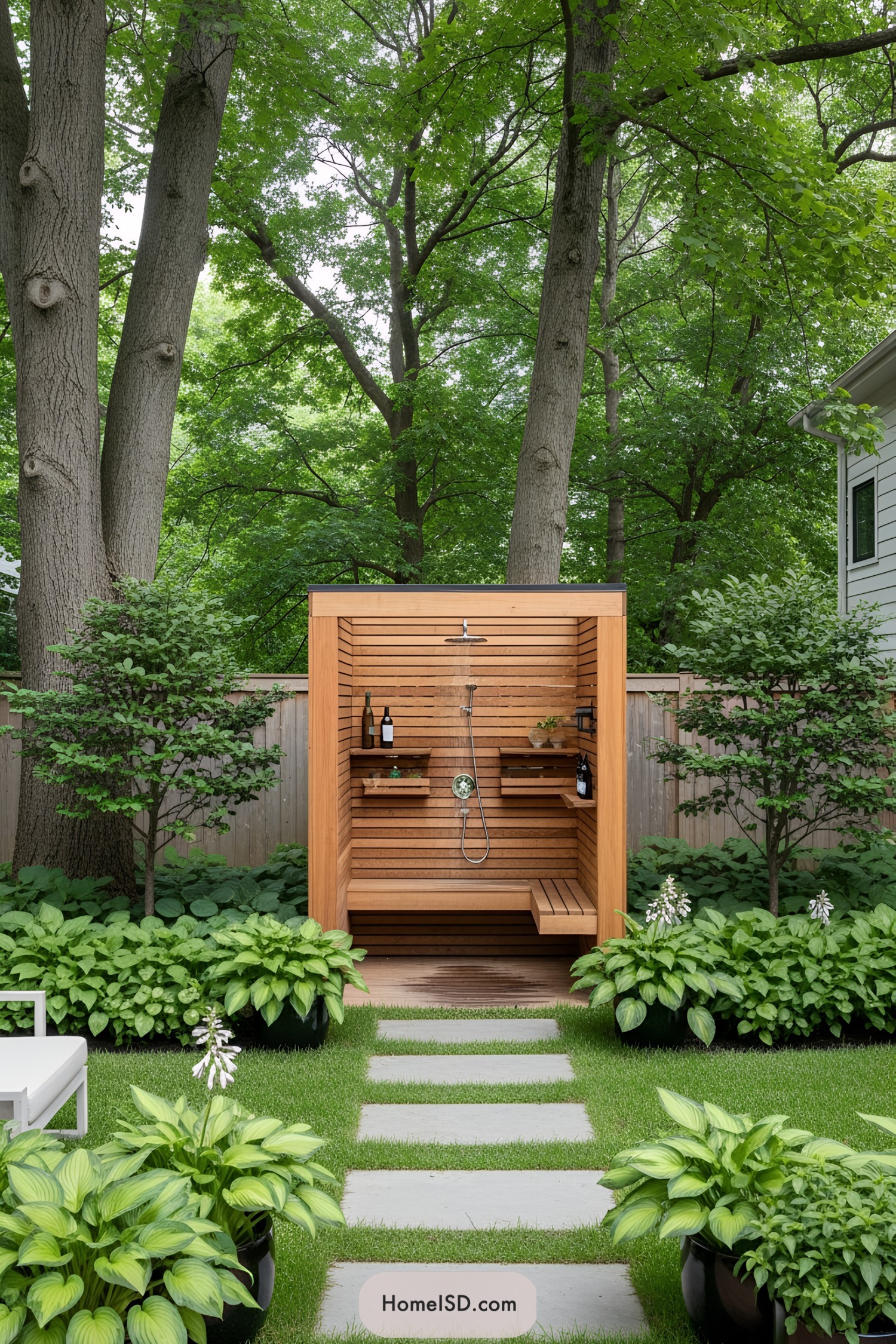 Outdoor shower in a garden with wooden walls and greenery