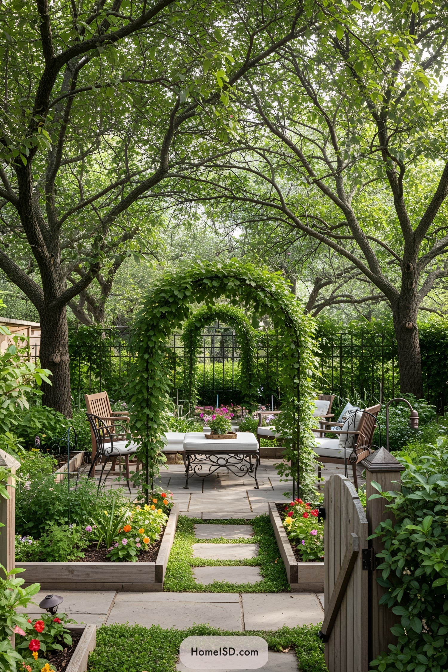 Charming garden with leafy arch and cozy seating