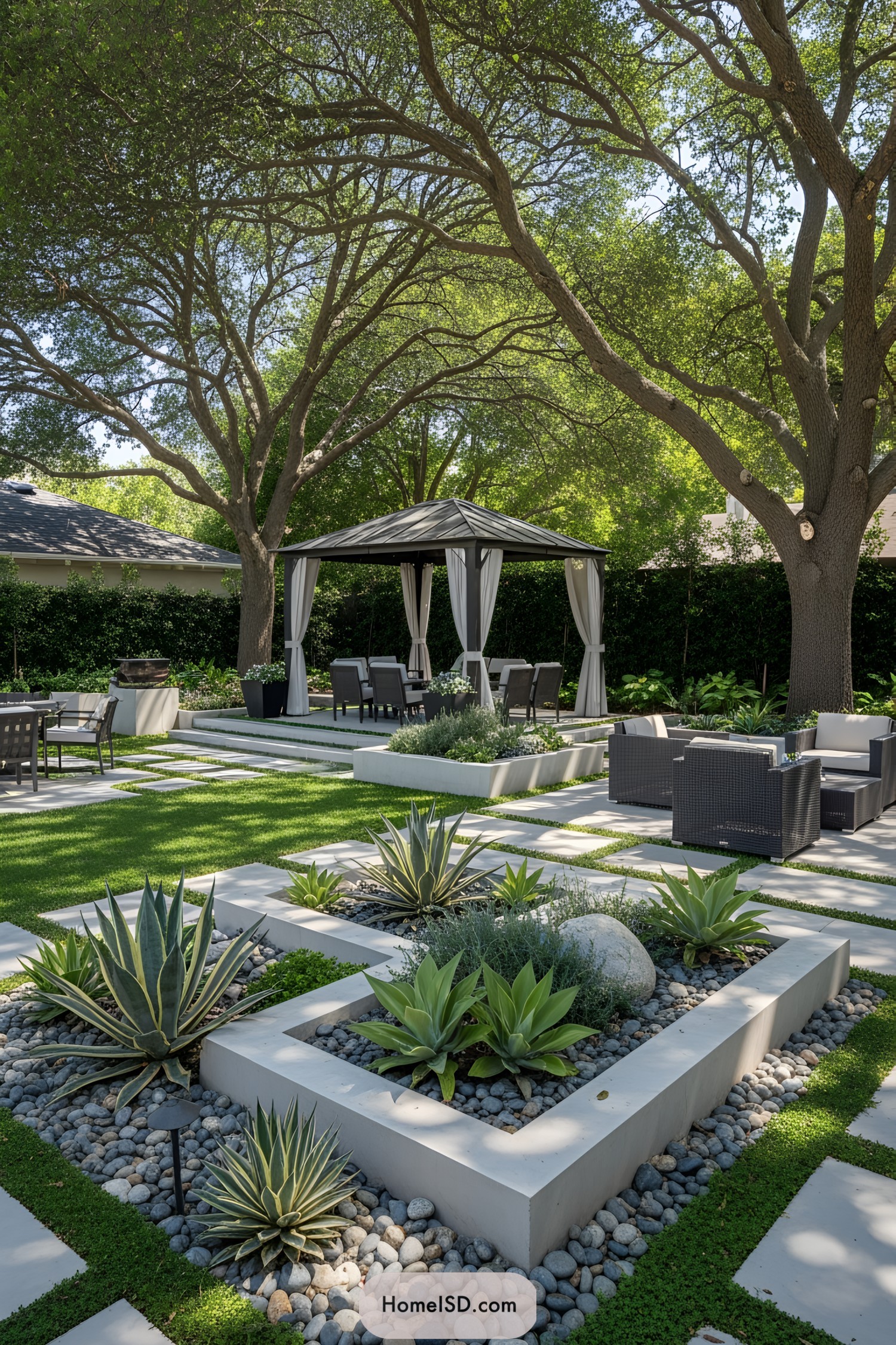 Contemporary backyard with modern seating and lush greenery