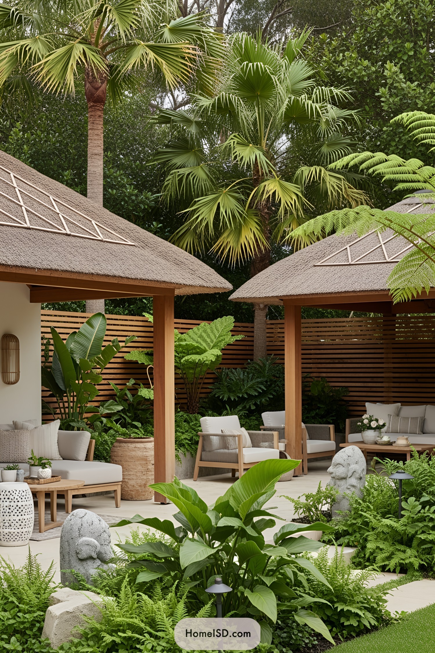 Backyard pavilion with tropical plants and cozy seating