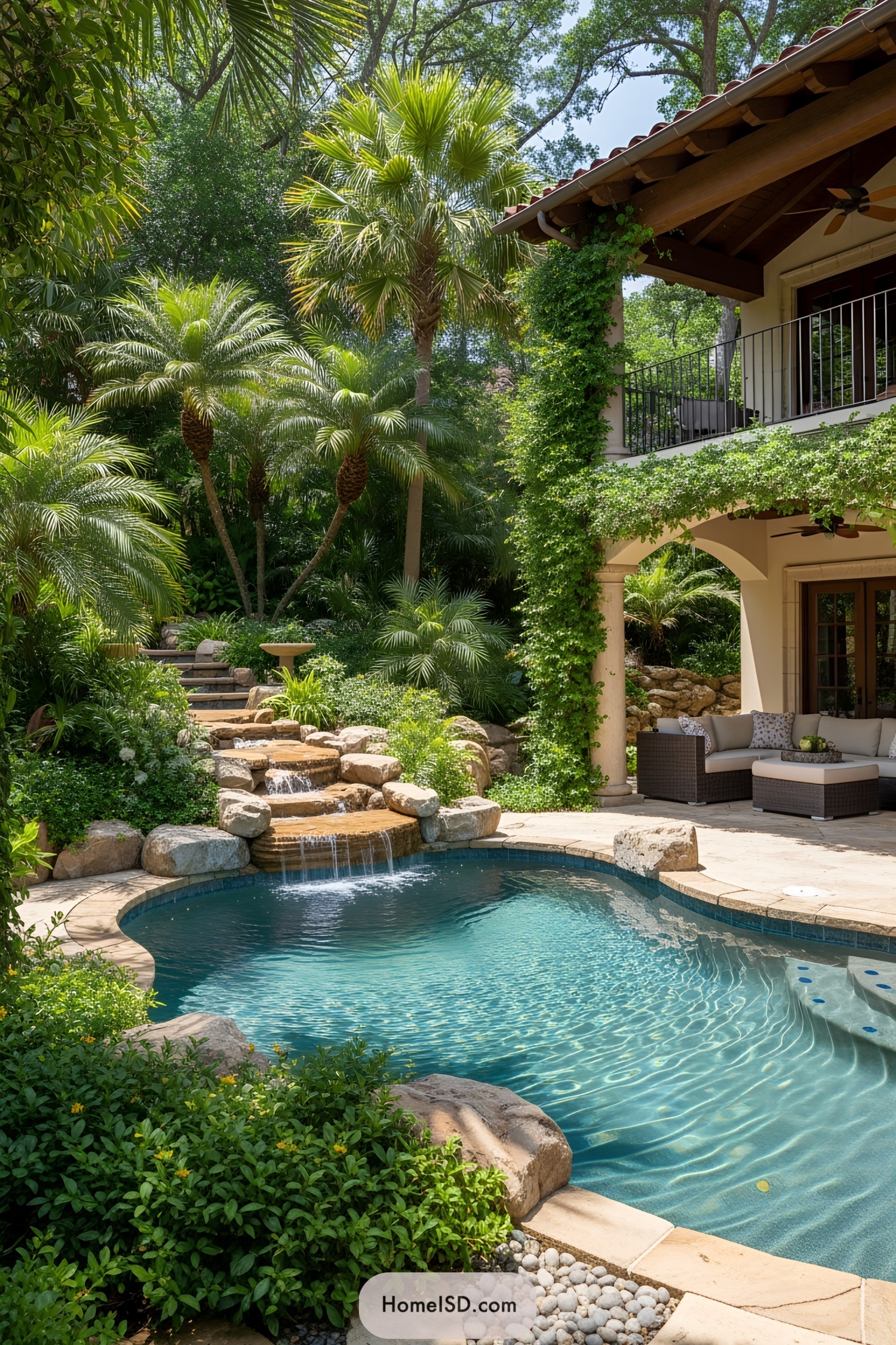 Lush backyard with pool, waterfall, and tropical plants