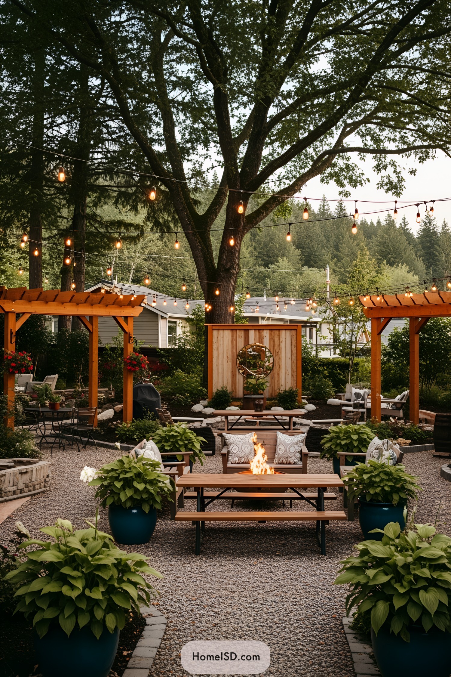 Cozy backyard with fire pit and string lights