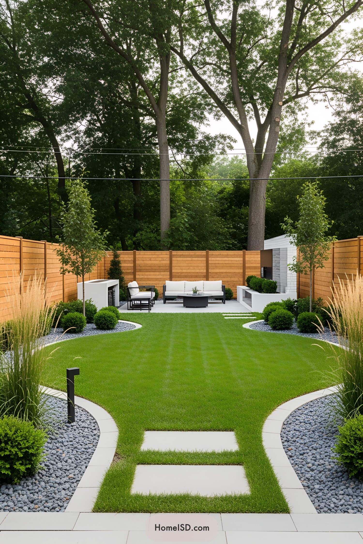 A well-manicured backyard lounge with modern seating