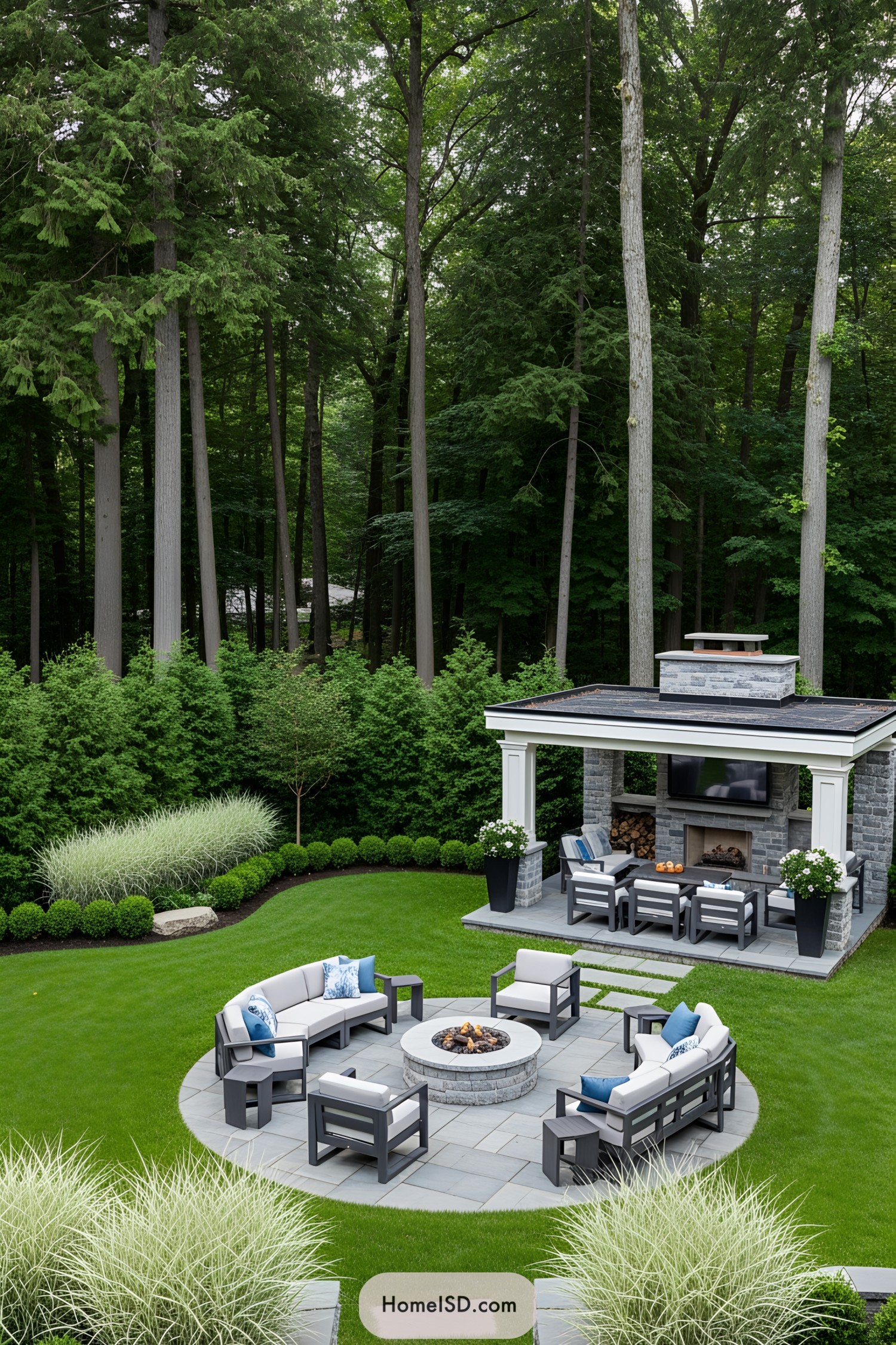 Modern backyard with a fire pit surrounded by seating and a pavilion with a fireplace