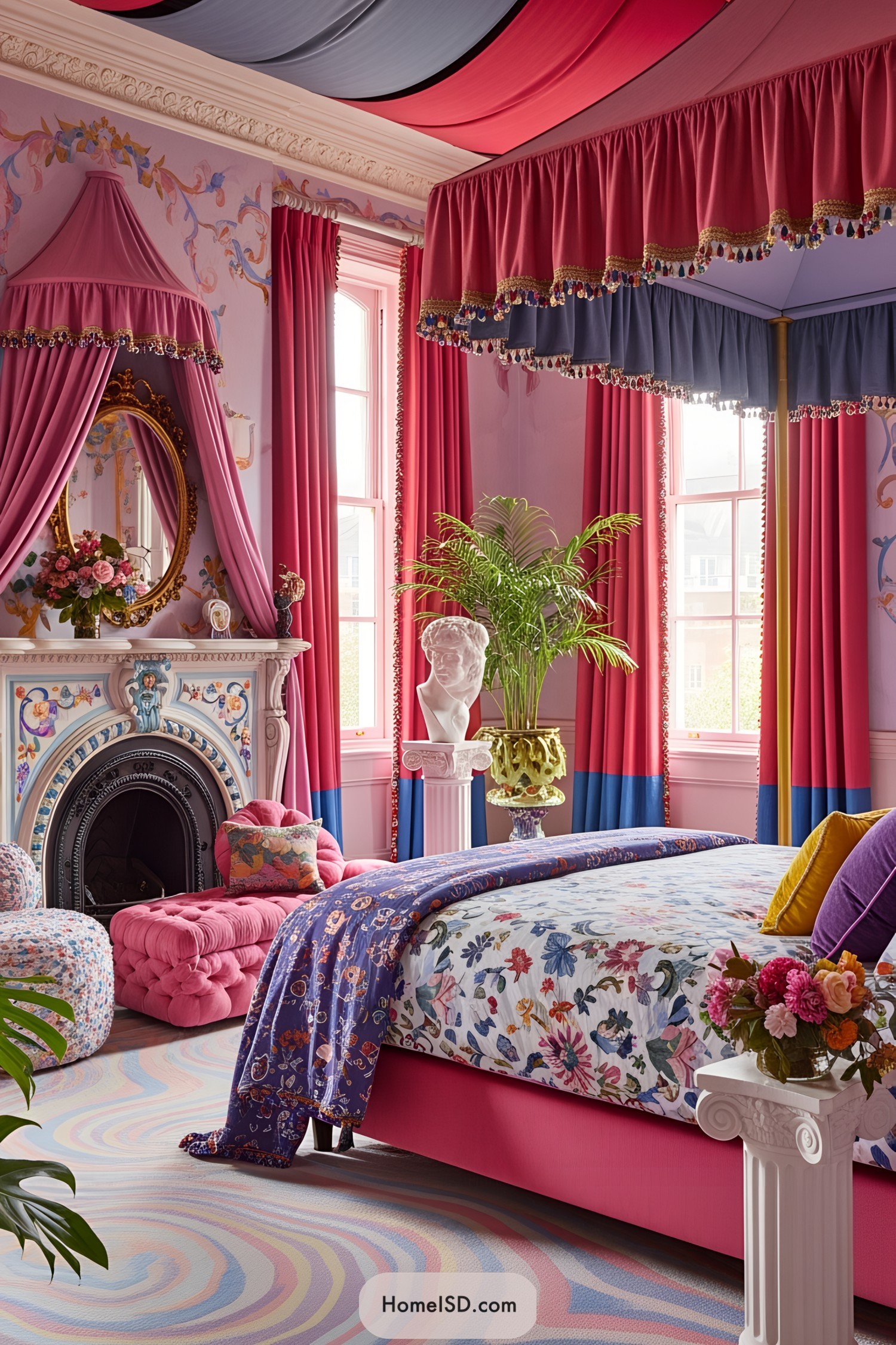 Vibrant and eclectic bedroom with bold colors and floral patterns