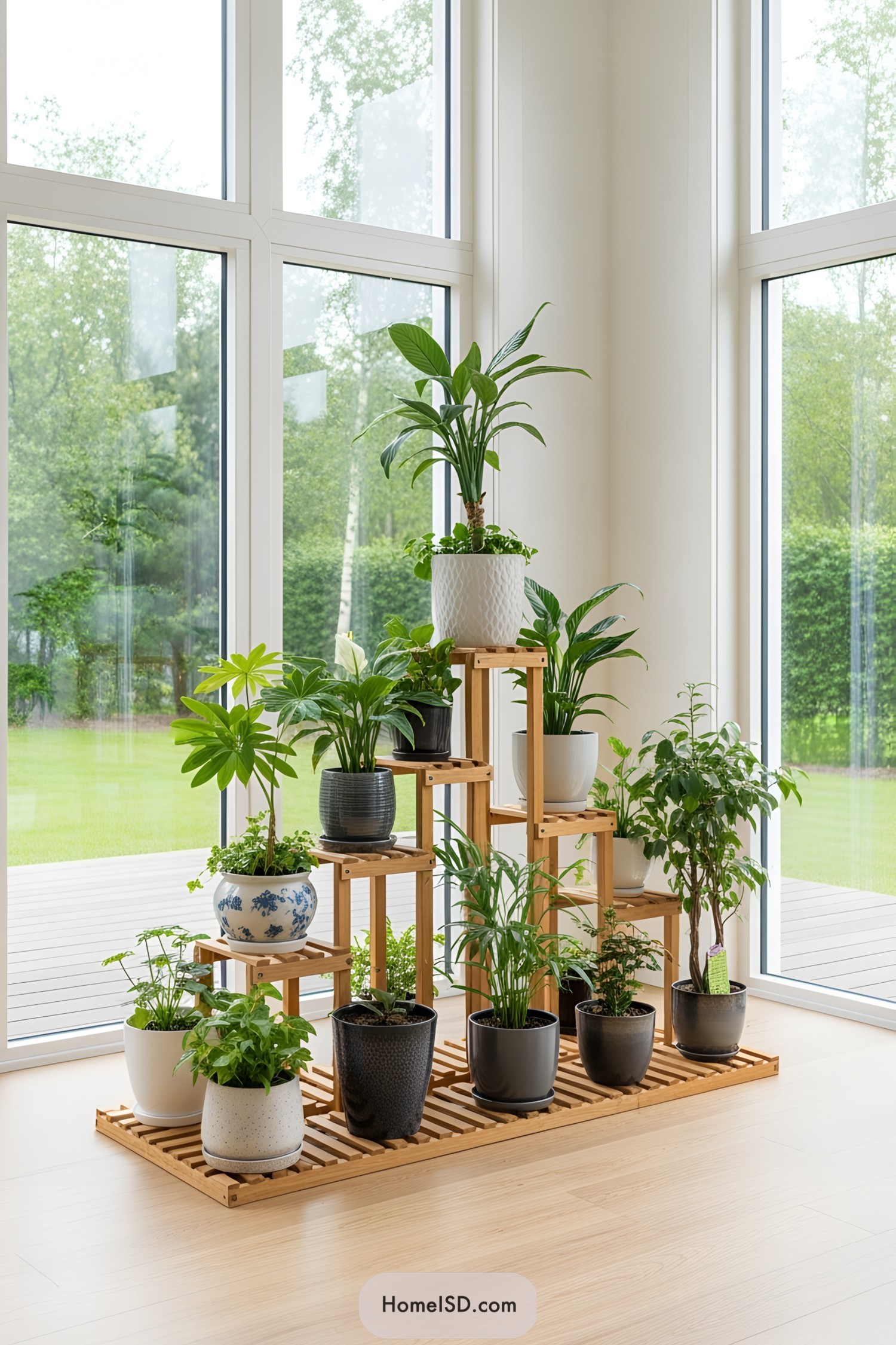 Tiered wooden stand with various potted plants